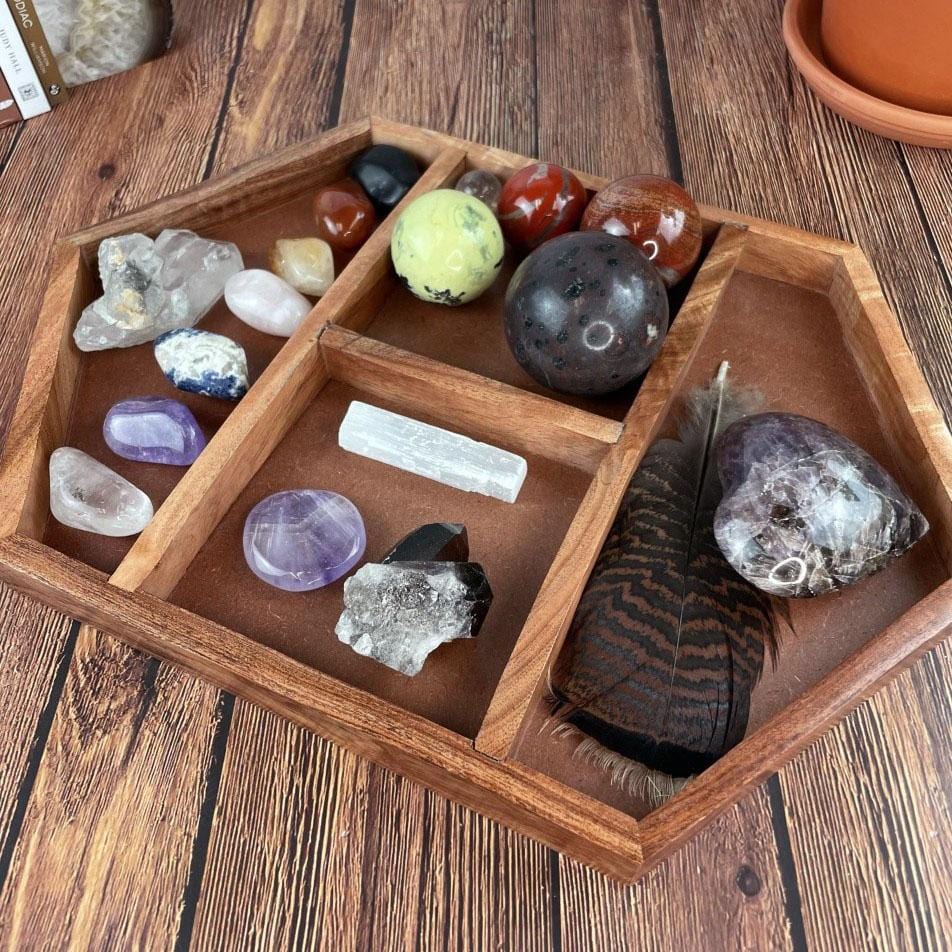 wood tray with crystals
