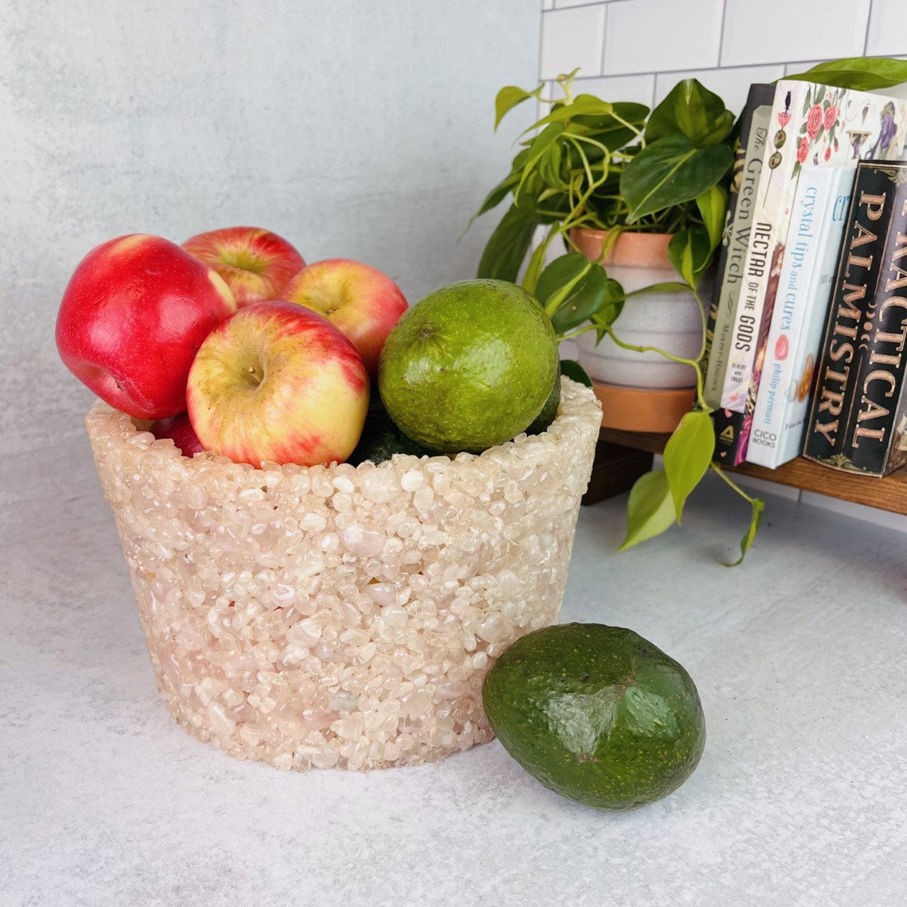 Rose quartz  Tumbled Stone Pot with fruit inside