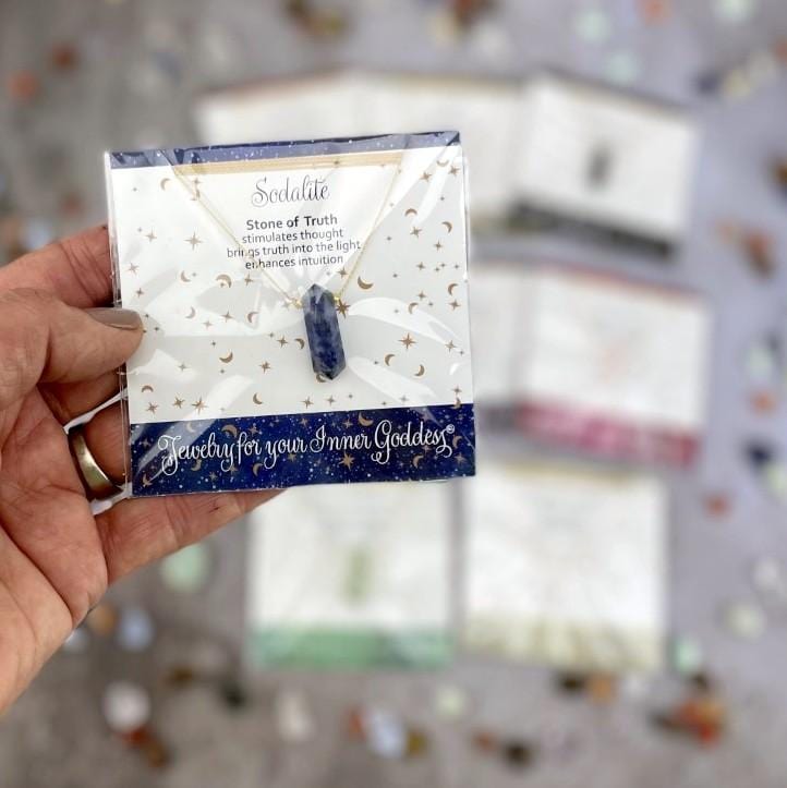 close up of the sodalite necklace on card 