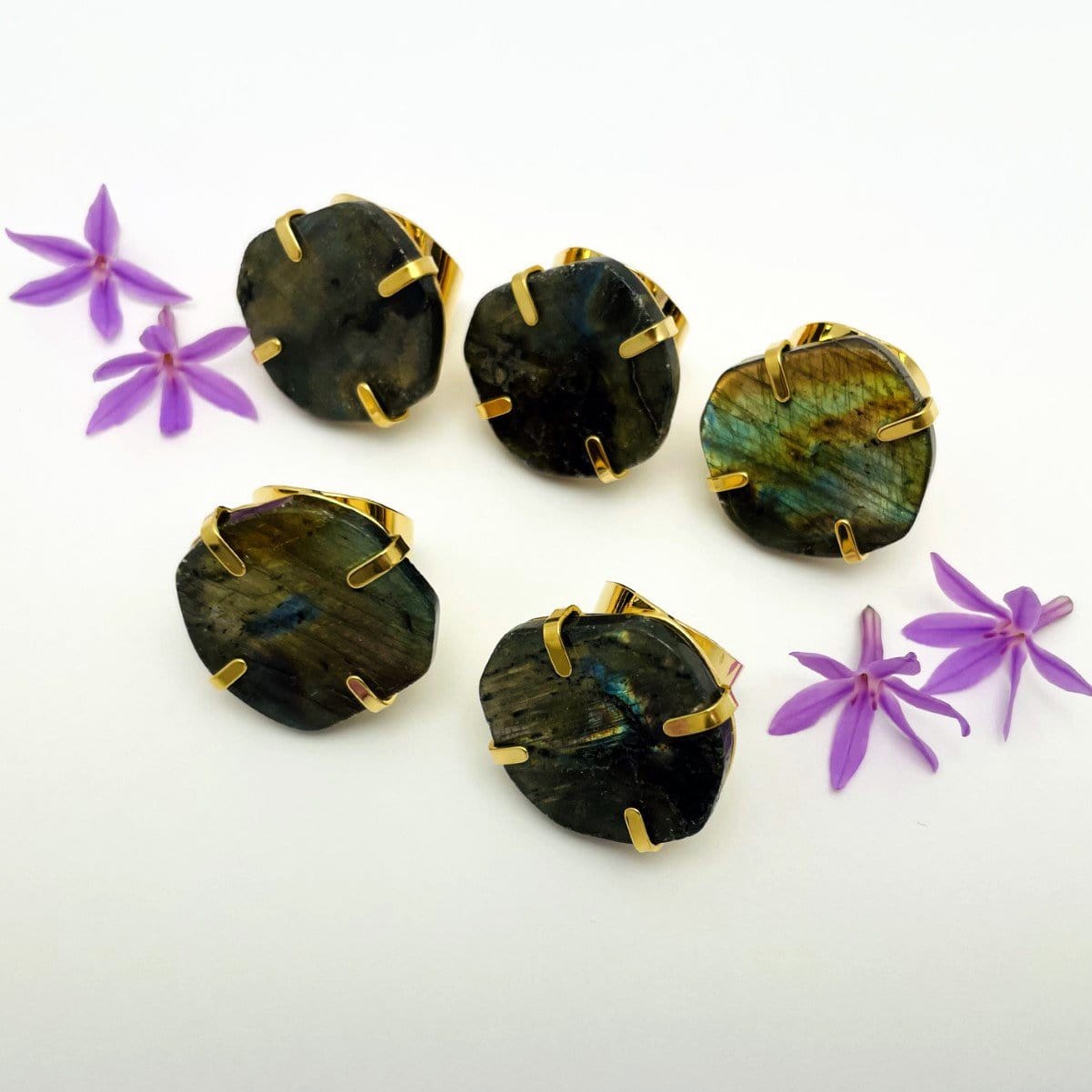 Labradorite Ring in Electroplated Gold displayed side view for thickness reference