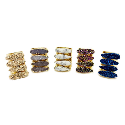An Adjustable  Teardrop Druzy Ring with Electroplated 24k Gold Adjustable Cigar Band in colors Natural Druzy, Mystic Blue Titanium Druzy, White Howlite, Rainbow Titanium, Gold Titanium