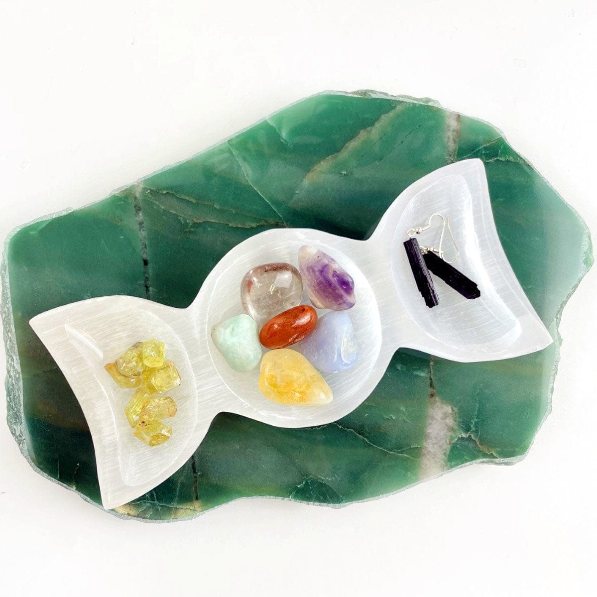 Selenite Triple Moon Goddess Bowl - Moon Phase Charging Station with stones