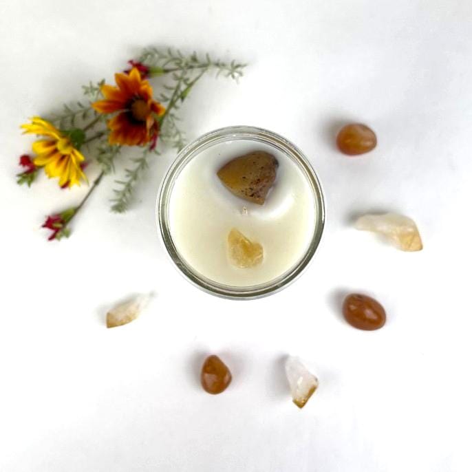 close up of the crystals in the intention candle 