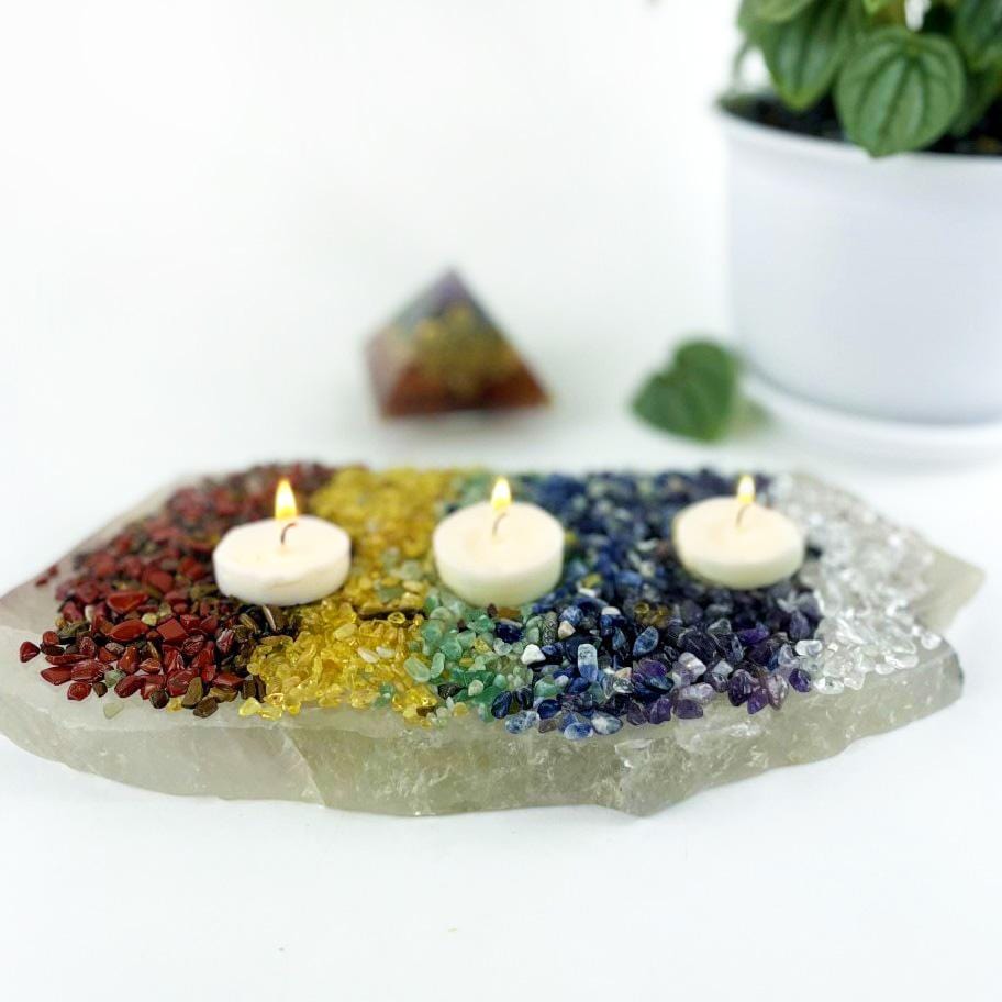 All the chips displayed with candles on a crystal quartz slab.