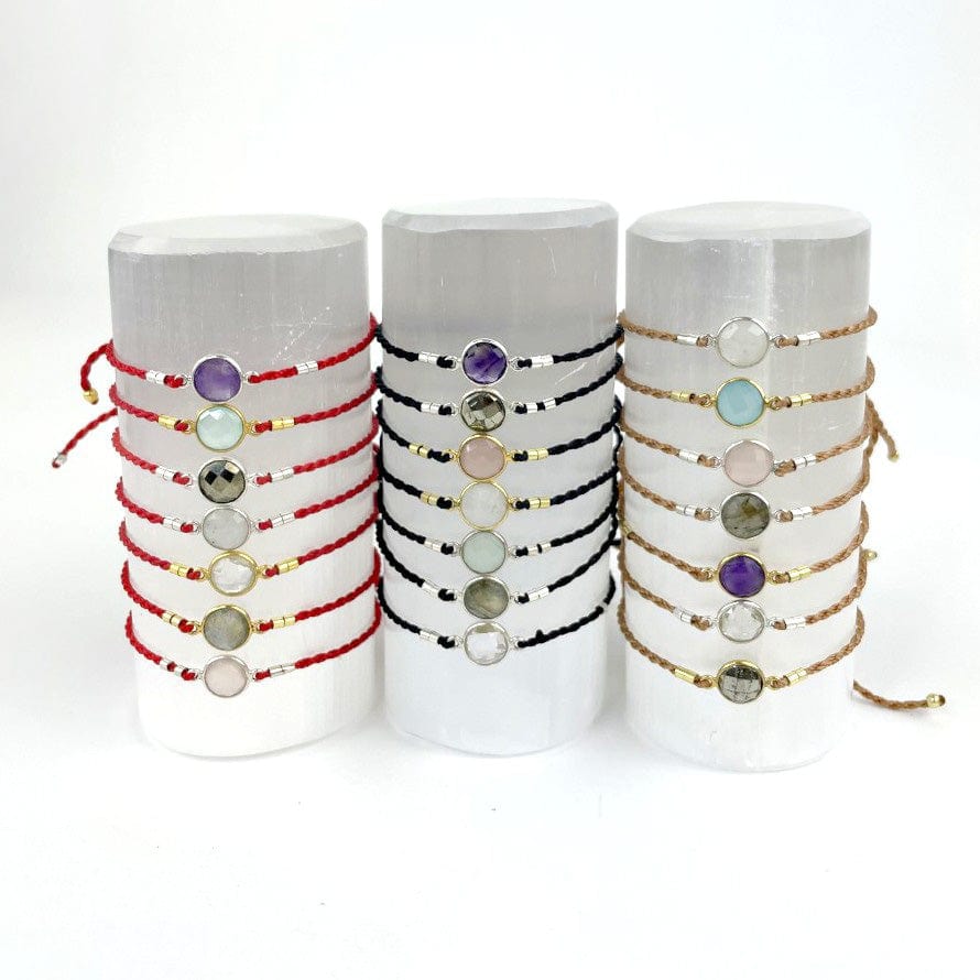 Gemstone Bezel Bracelets - Adjustable Cord with Gold or Silver Plated Accents, showing the red, black, and tan cording with the different stones available