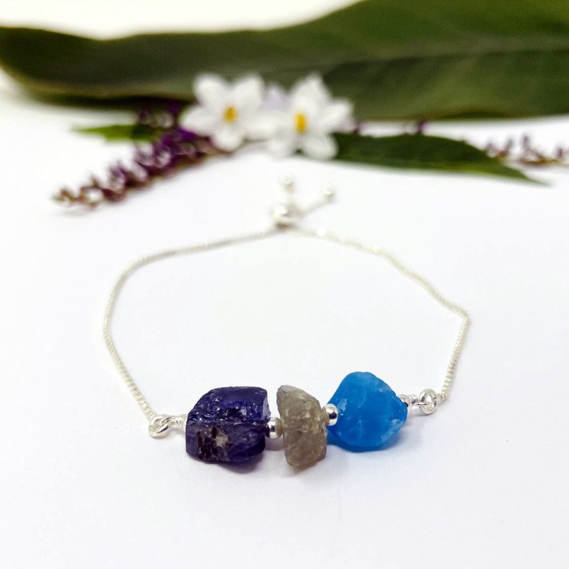 close up of Third Eye Chakra bracelet - Tanzanite, Labradorite, and Apatite