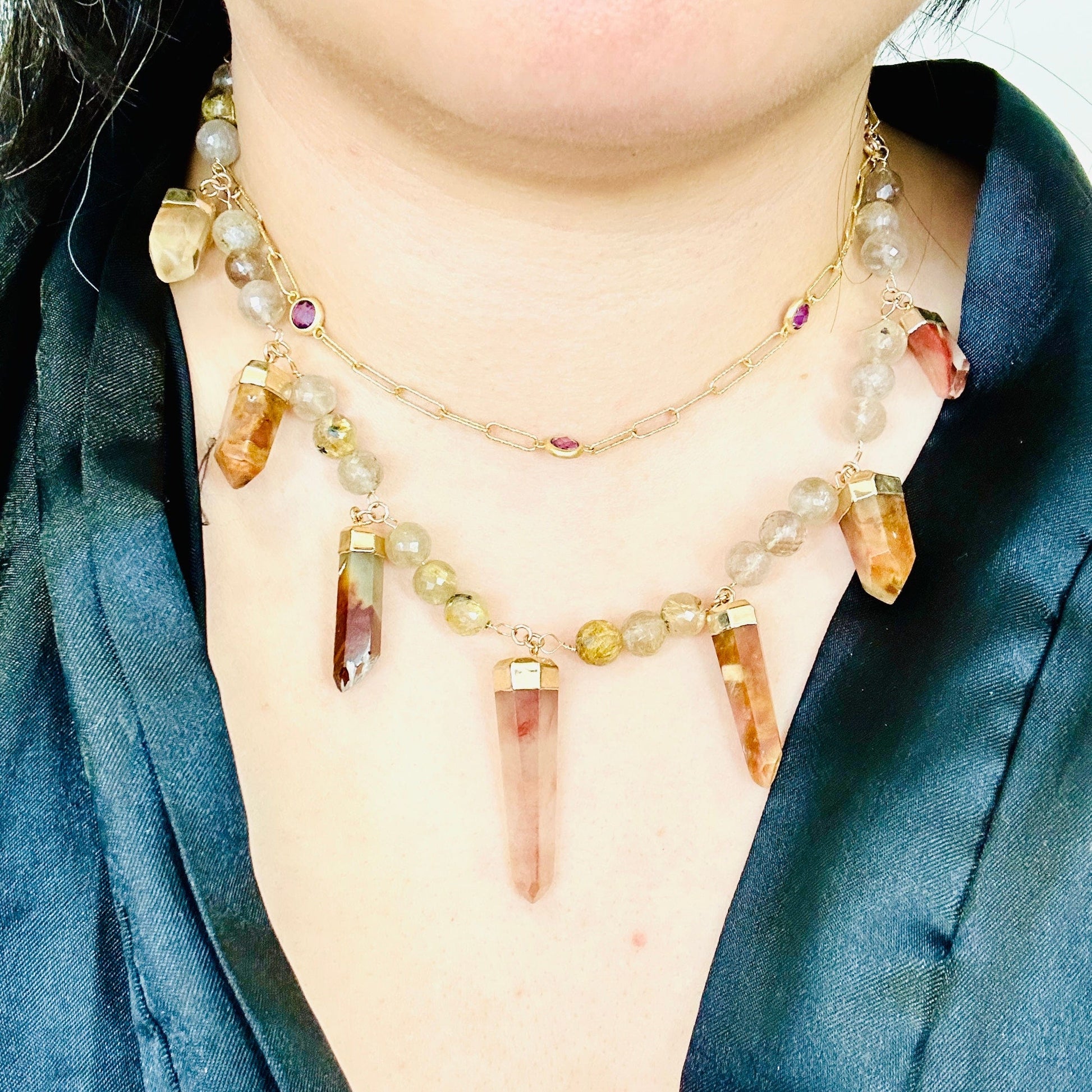 Amphibole and Rutilated Quartz Crystal Charm Necklace - Gold over Sterling Silver worn