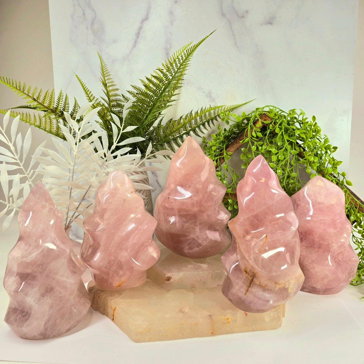 Rose Quartz Flame Tower - Carved Crystal Flame - You Choose all variants on quartz platter with props in background