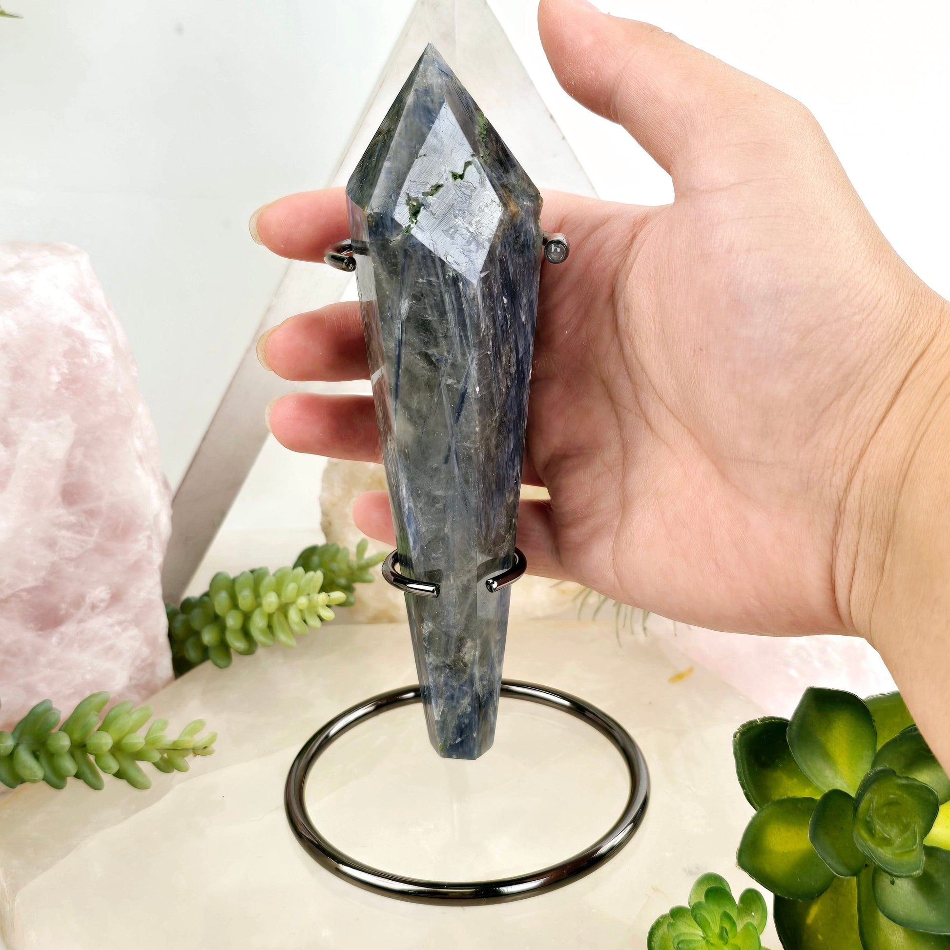 Blue Kyanite Crystal Wand on Stand #3 with hand for size reference