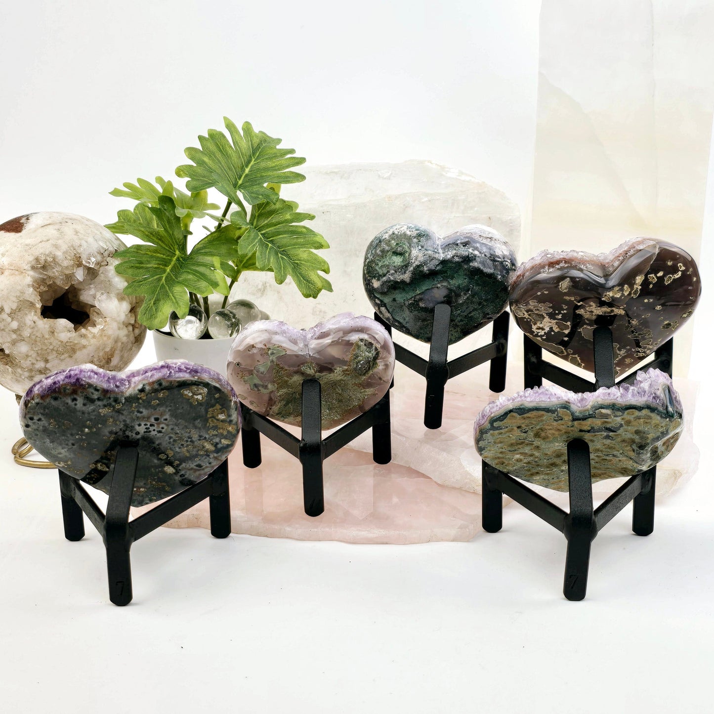 Amethyst Crystal Heart on Metal Tripod Stand back view