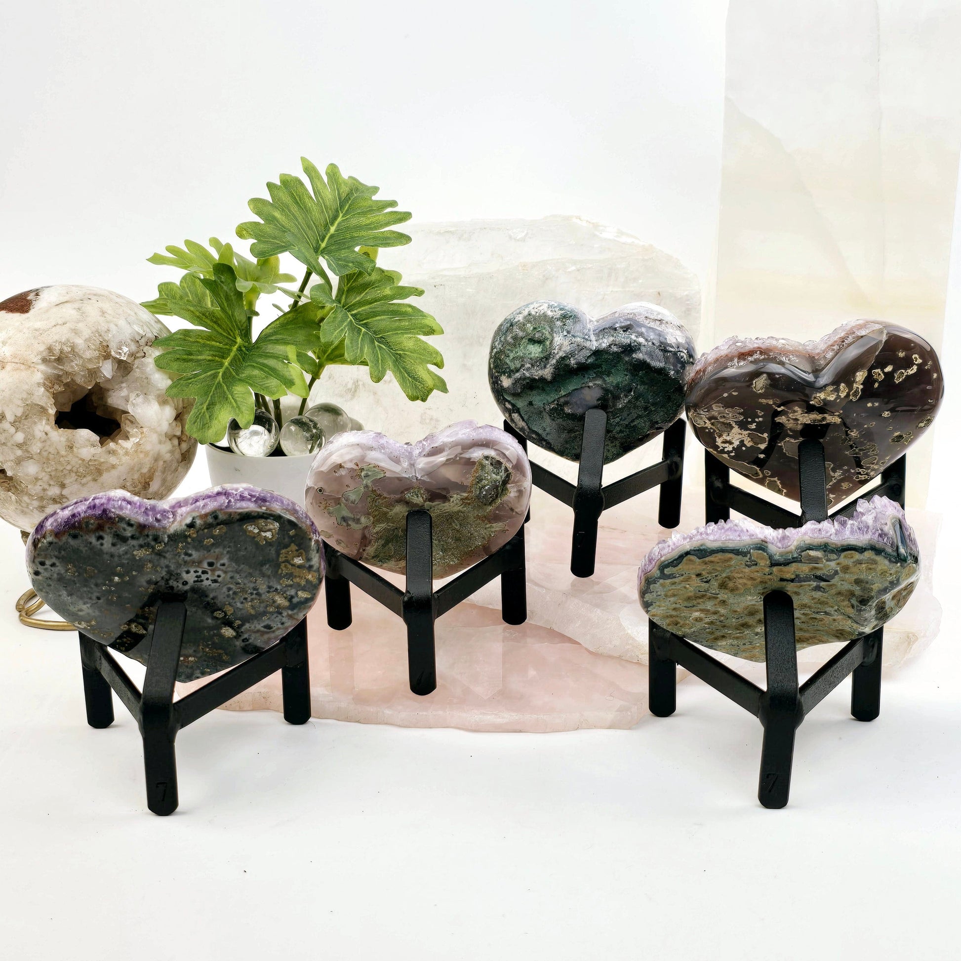Amethyst Crystal Heart on Metal Tripod Stand back view