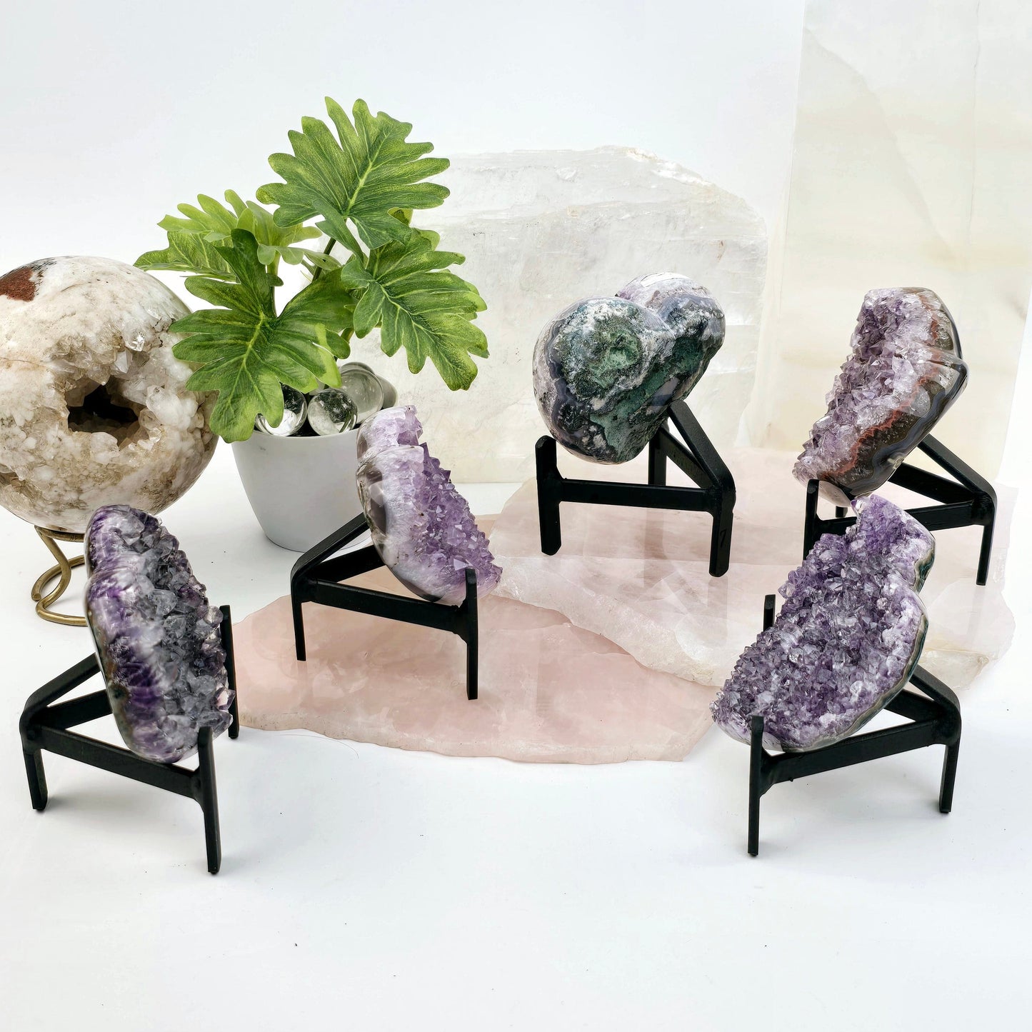 Amethyst Crystal Heart on Metal Tripod Stand side view