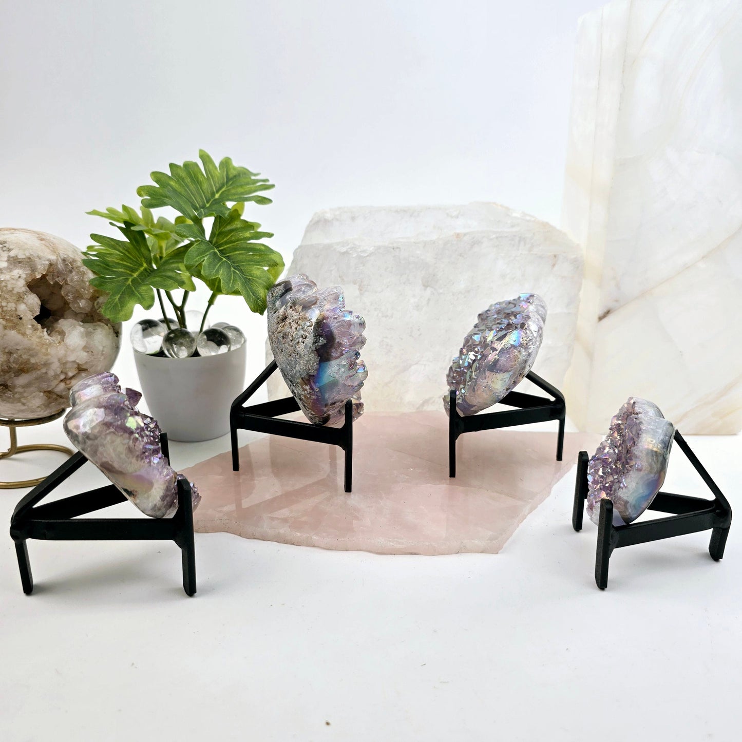 Angel Aura Amethyst Crystal Heart on Metal Tripod Stand side view