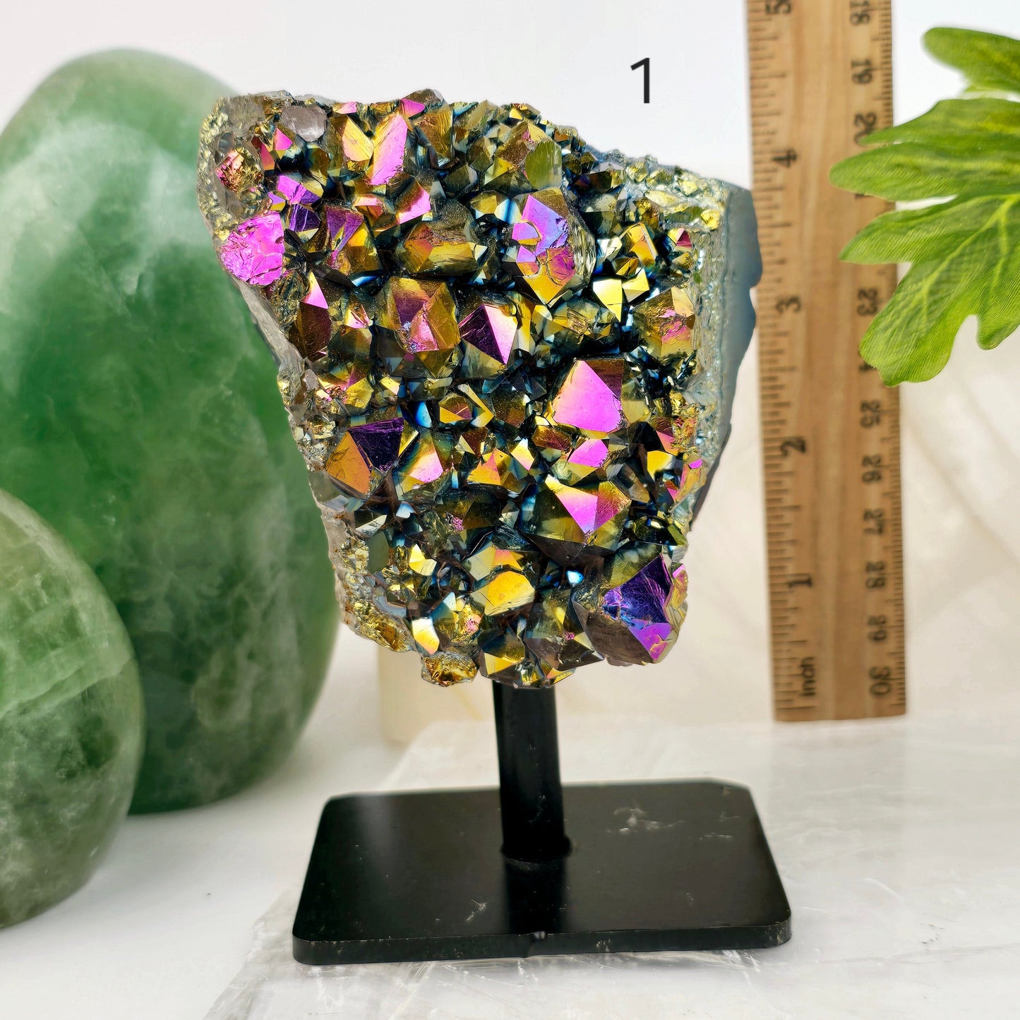 Titanium Coated Amethyst Cluster on Stand - You Choose #2 variant 1 labeled with ruler for size reference