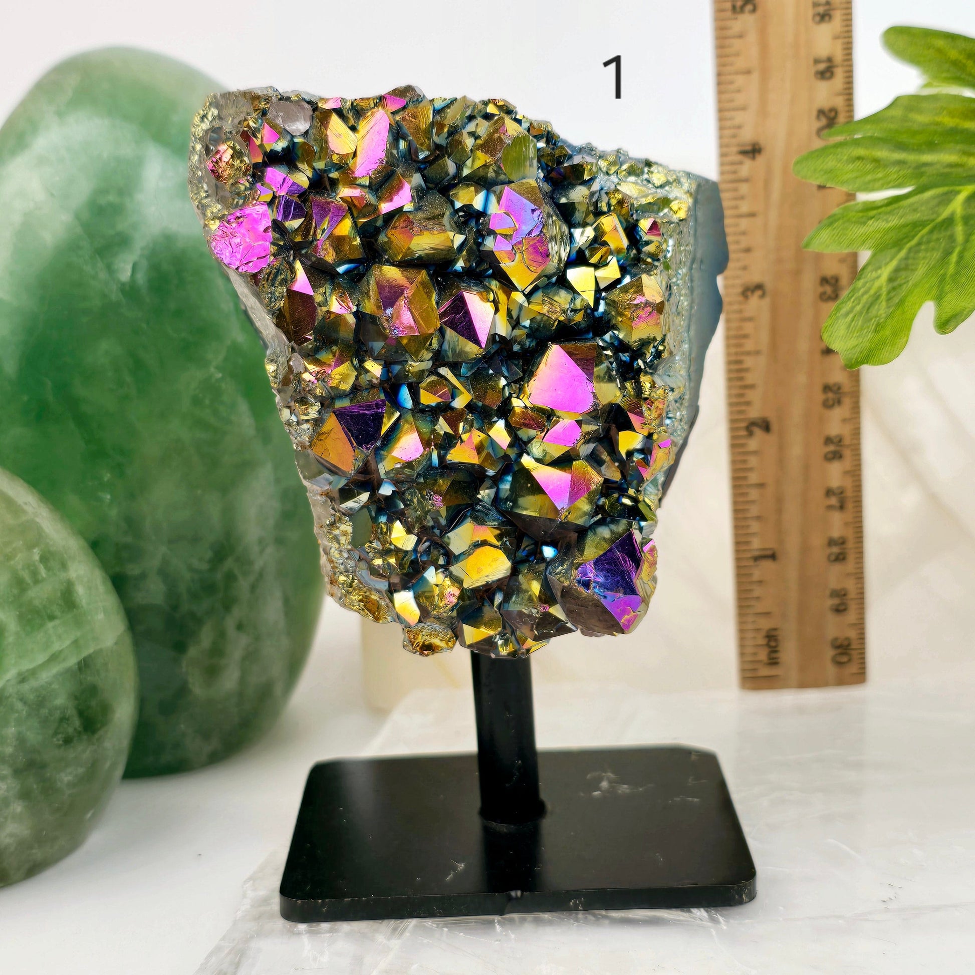 Titanium Coated Amethyst Cluster on Stand - You Choose #2 variant 1 labeled with ruler for size reference