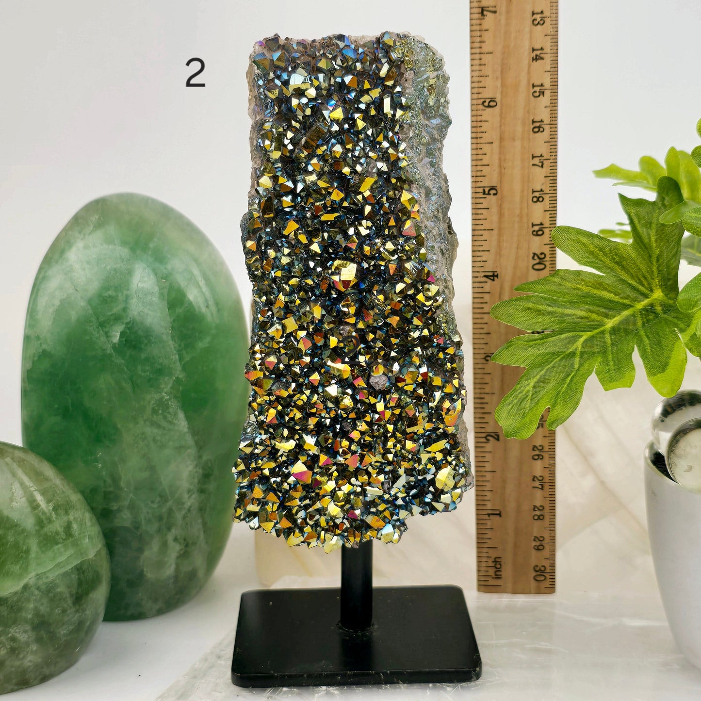 Titanium Coated Amethyst Cluster on Stand - You Choose #2 variant 2 labeled with ruler for size reference