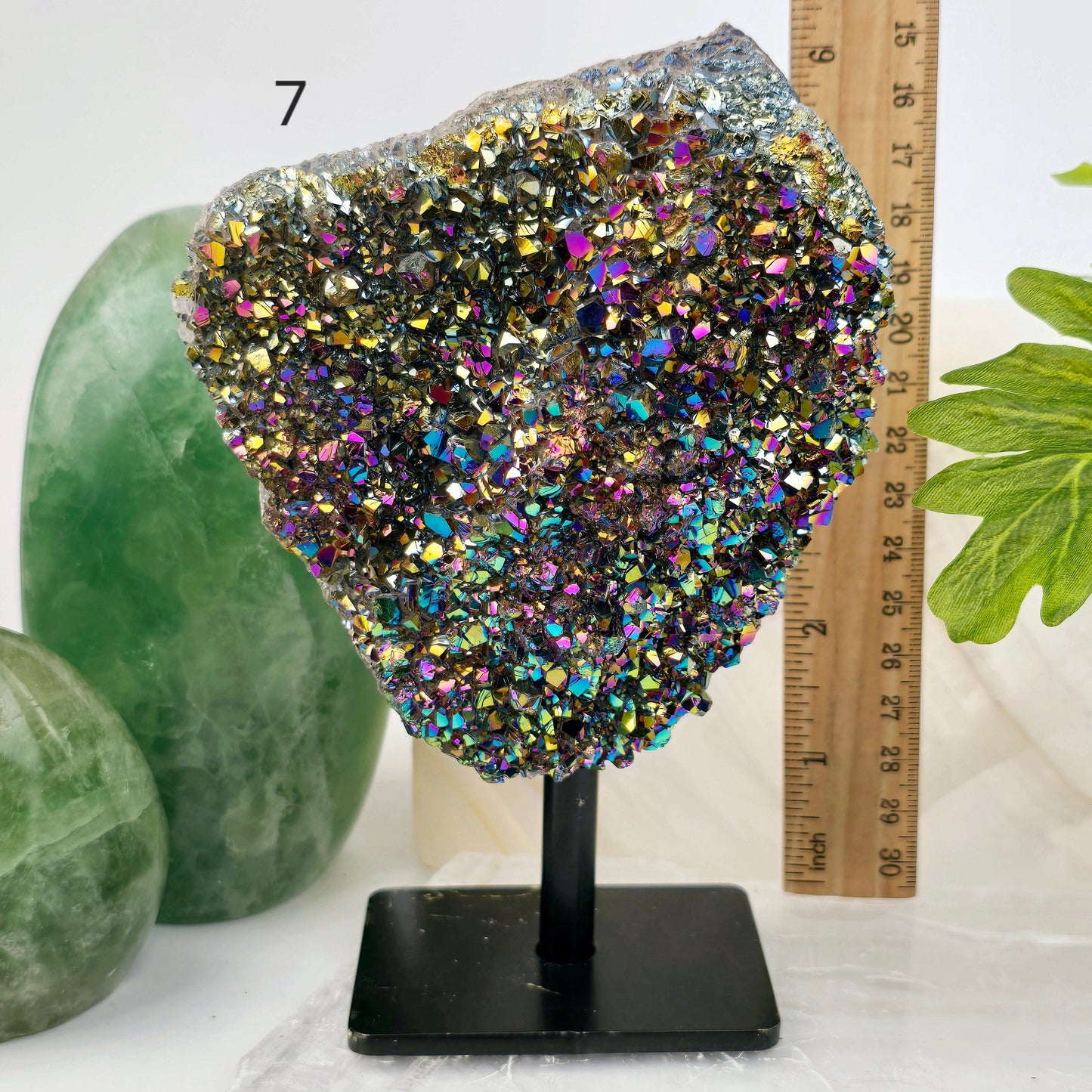 Titanium Coated Amethyst Cluster on Stand - You Choose #2 variant 7 labeled with ruler for size reference