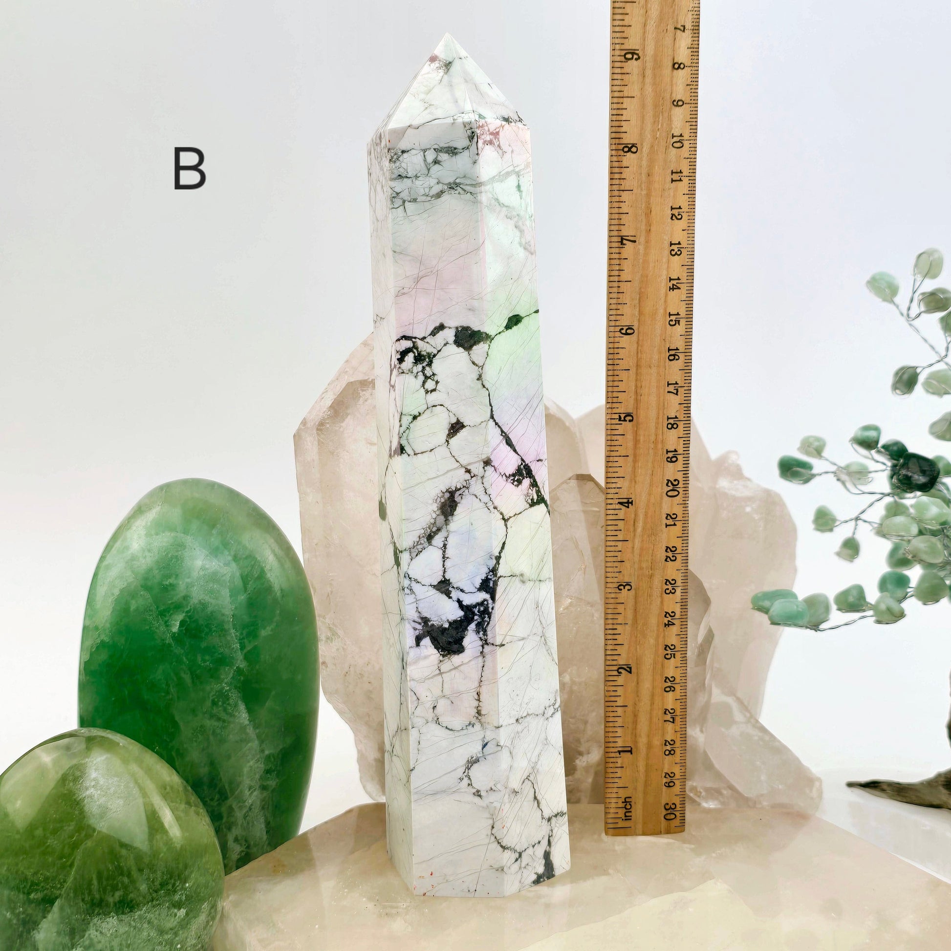 White Howlite Angel Aura Crystal Obelisk - You Choose variant b labeled with ruler for size reference