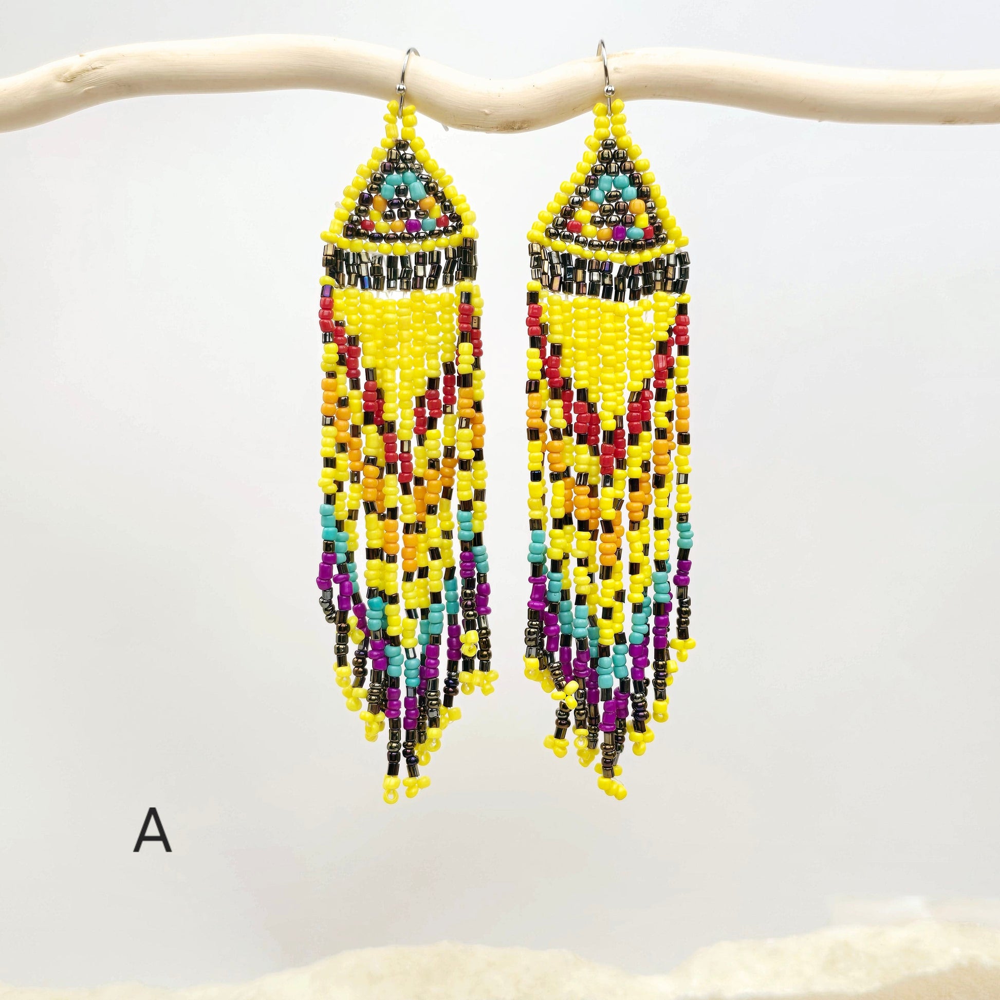 Seed Bead Earrings - Small Triangle Long Fringe Pattern - You Choose Style - style A on white branch labeled