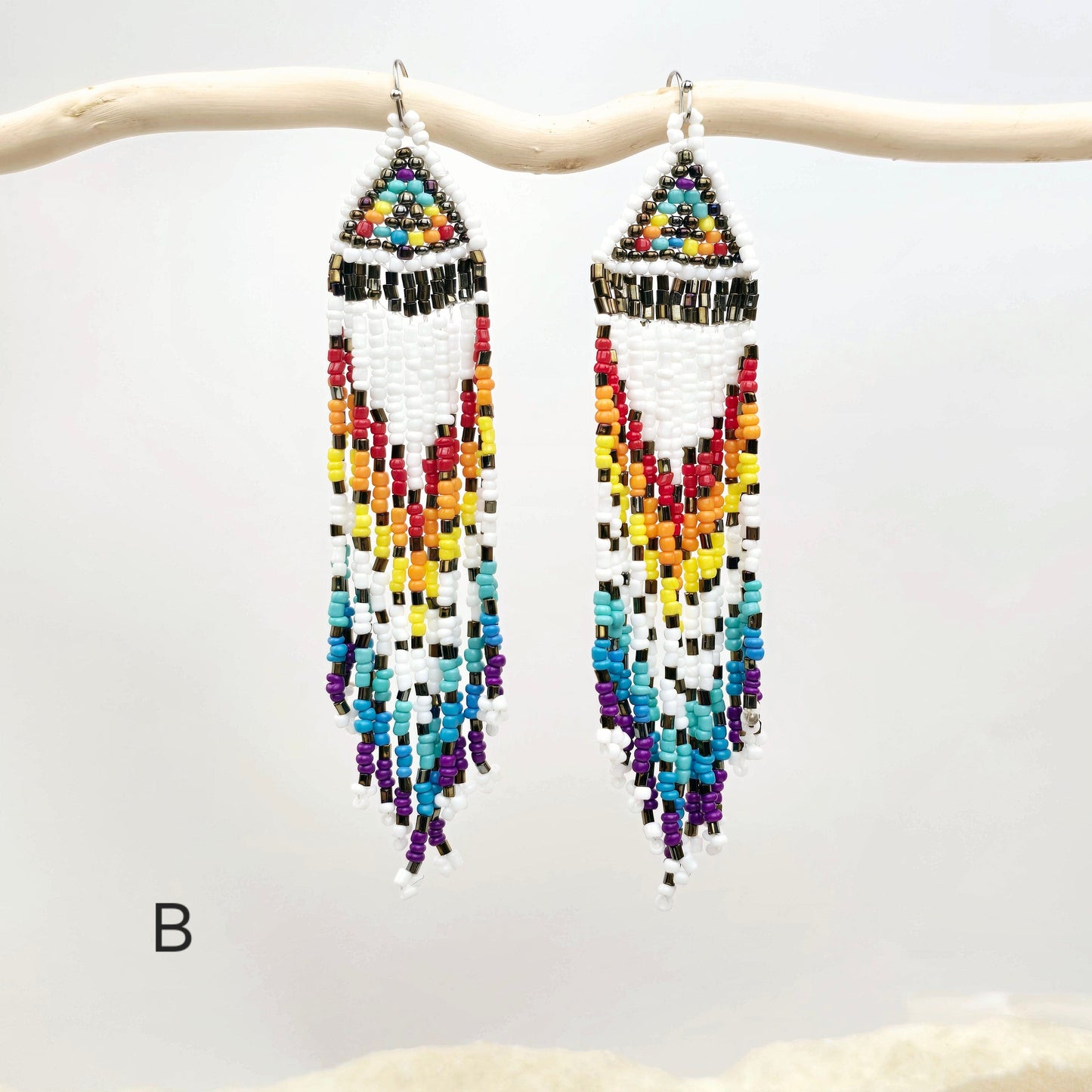 Seed Bead Earrings - Small Triangle Long Fringe Pattern - You Choose Style - style B on white branch labeled