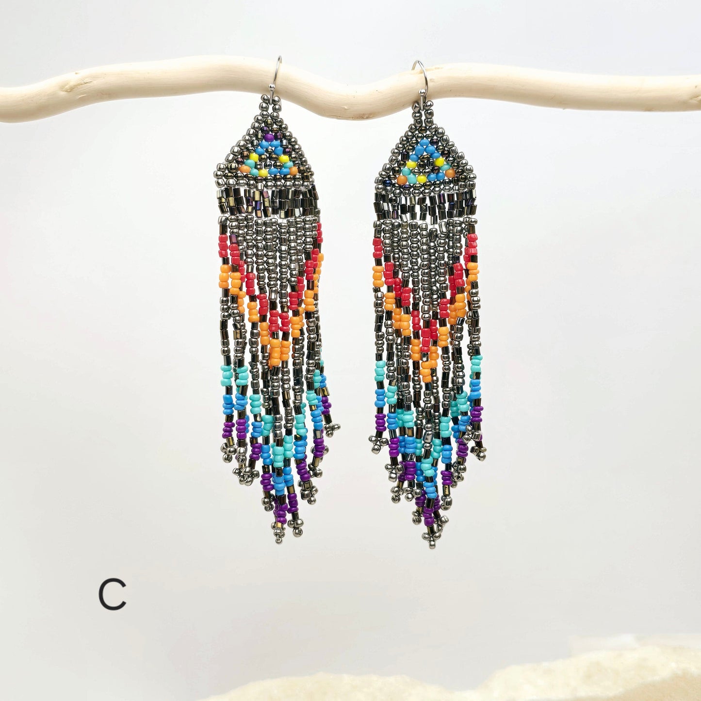 Seed Bead Earrings - Small Triangle Long Fringe Pattern - You Choose Style - style C on white branch labeled