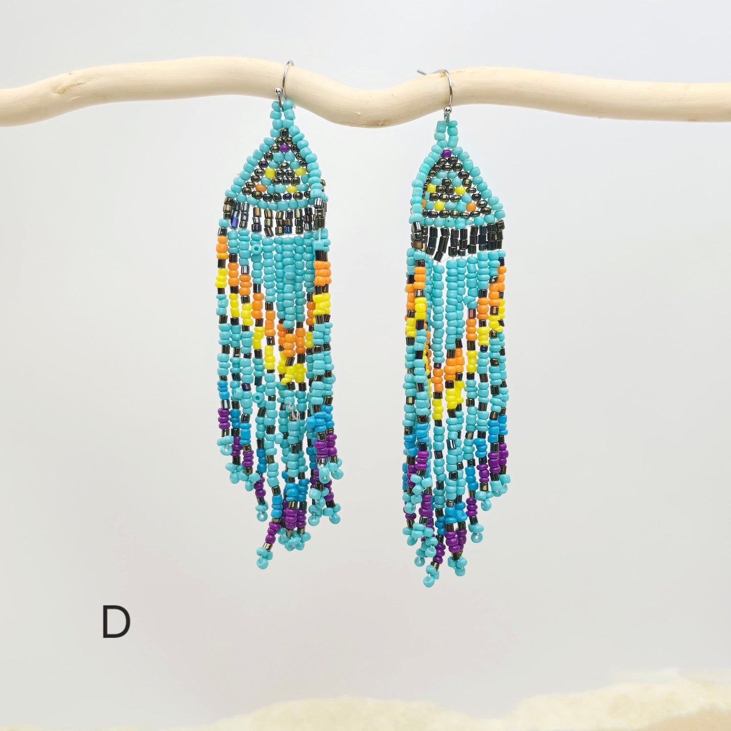 Seed Bead Earrings - Small Triangle Long Fringe Pattern - You Choose Style - style D on white branch labeled