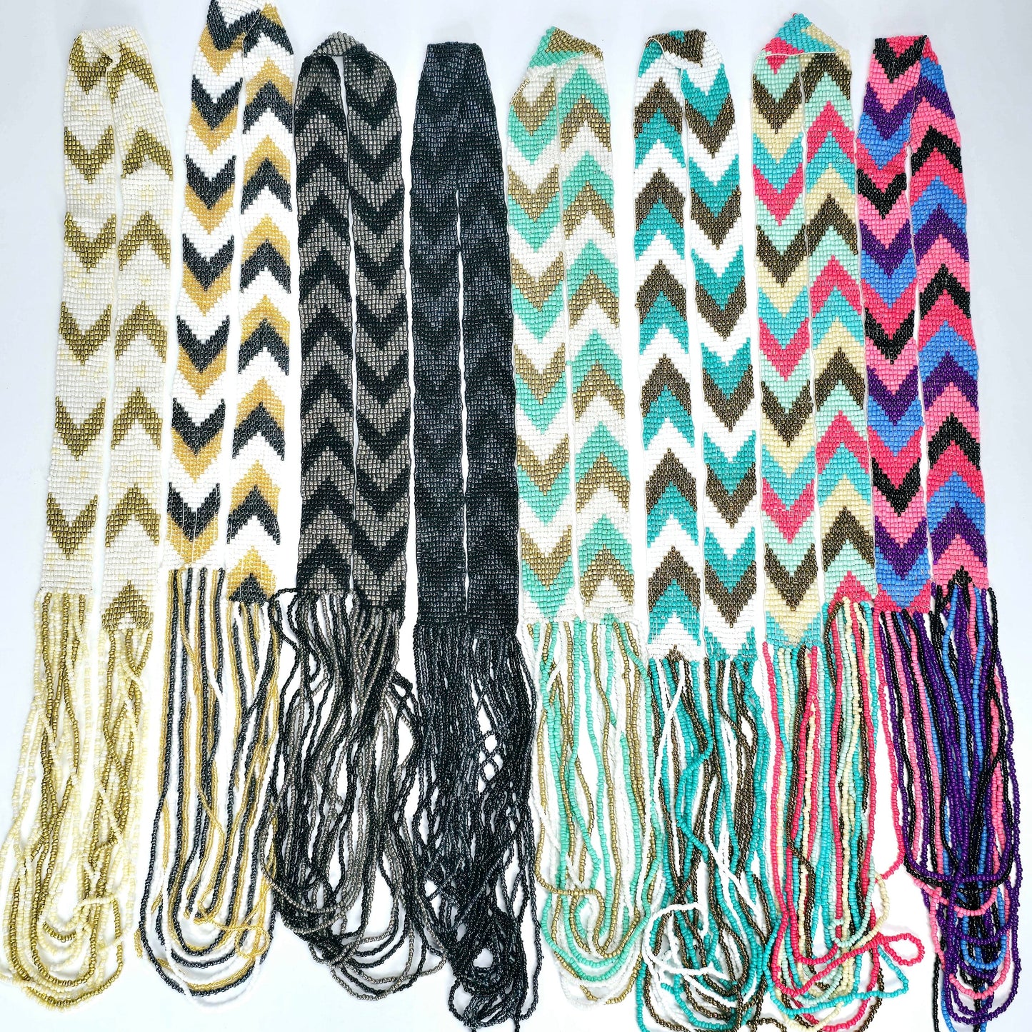Seed Bead Necklace - Layered Multi Strand with Woven Chevron Pattern - You Choose Style - all variants on white background lying flat