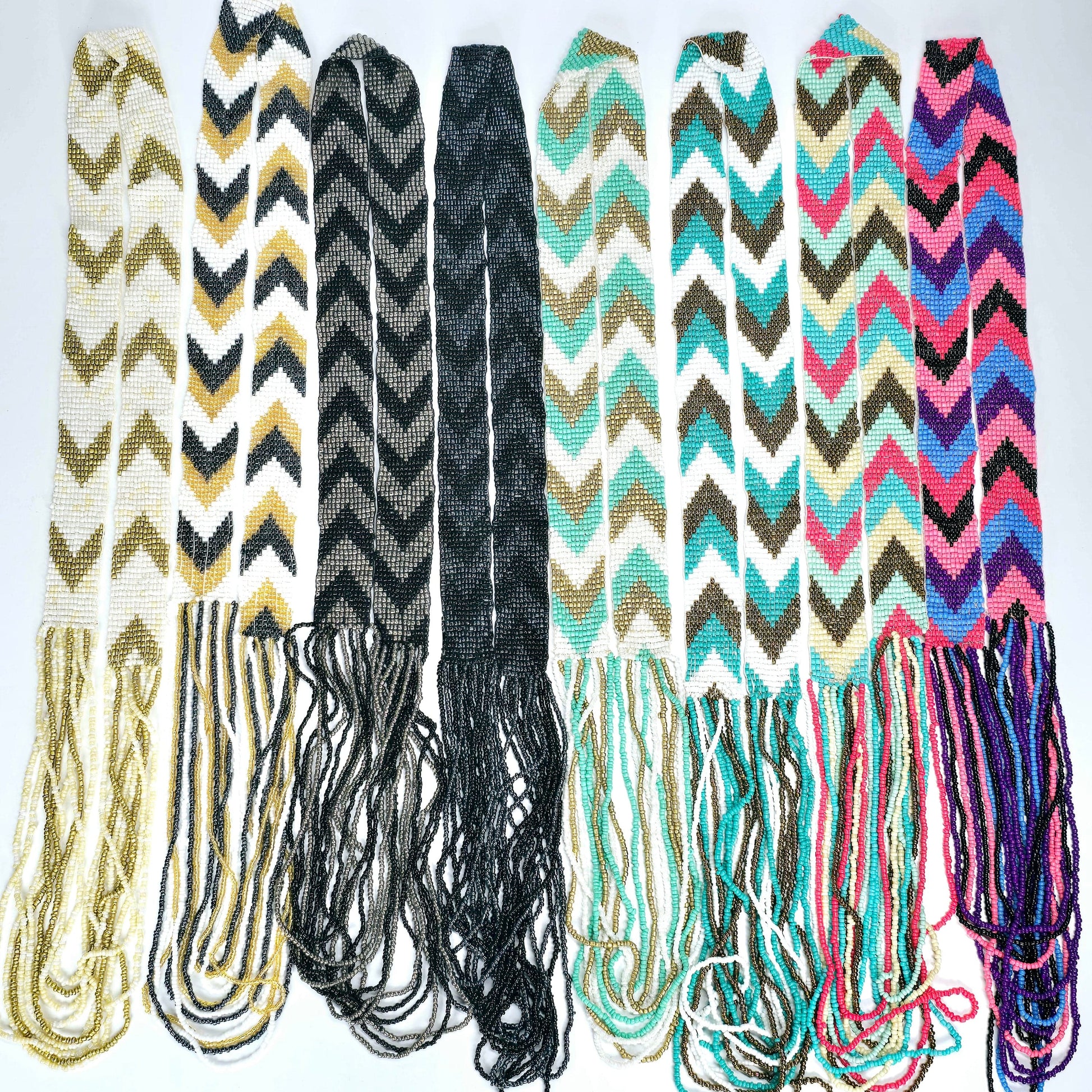 Seed Bead Necklace - Layered Multi Strand with Woven Chevron Pattern - You Choose Style - all variants on white background lying flat