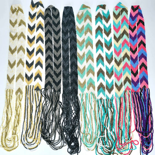 Seed Bead Necklace - Layered Multi Strand with Woven Chevron Pattern - You Choose Style - all variants on white background lying flat