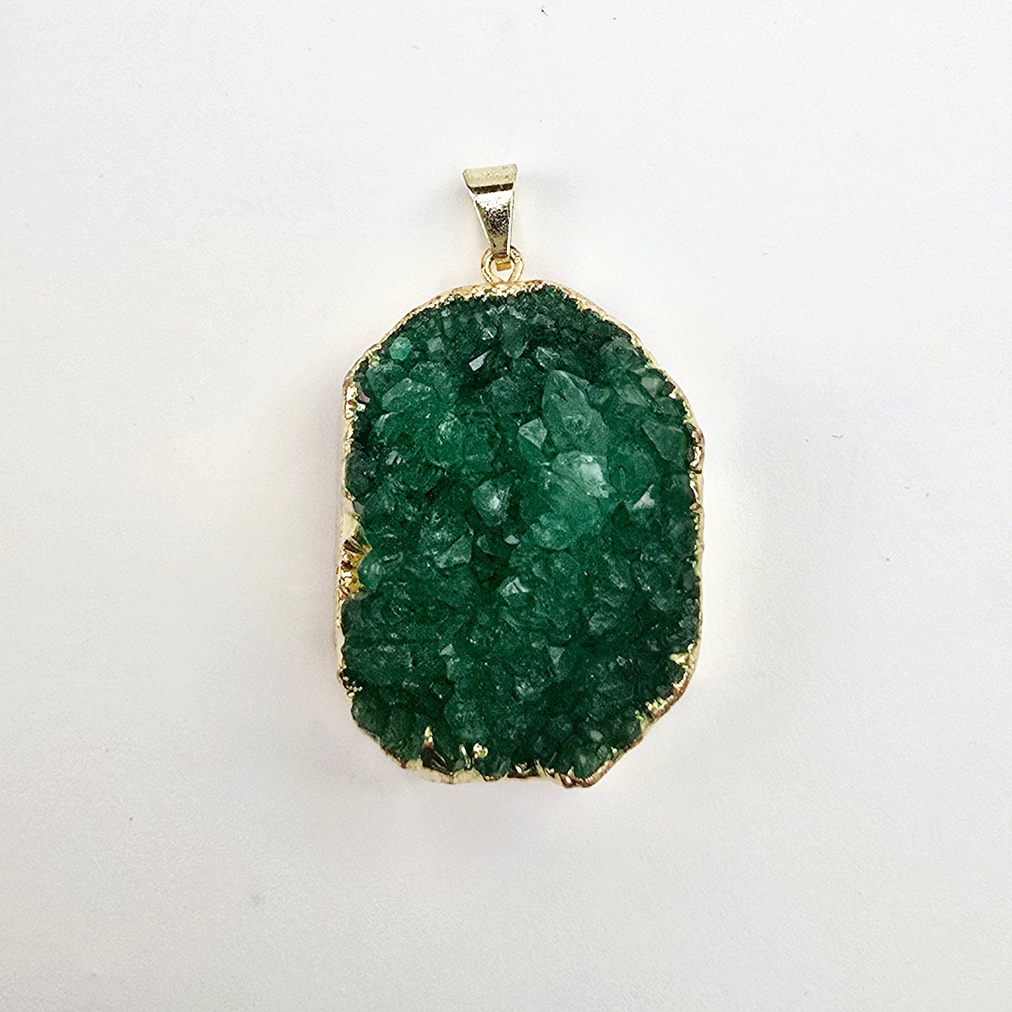 Green Druzy Freeform Pendant with 24k Gold Electroplated Edge and Bail one on white background