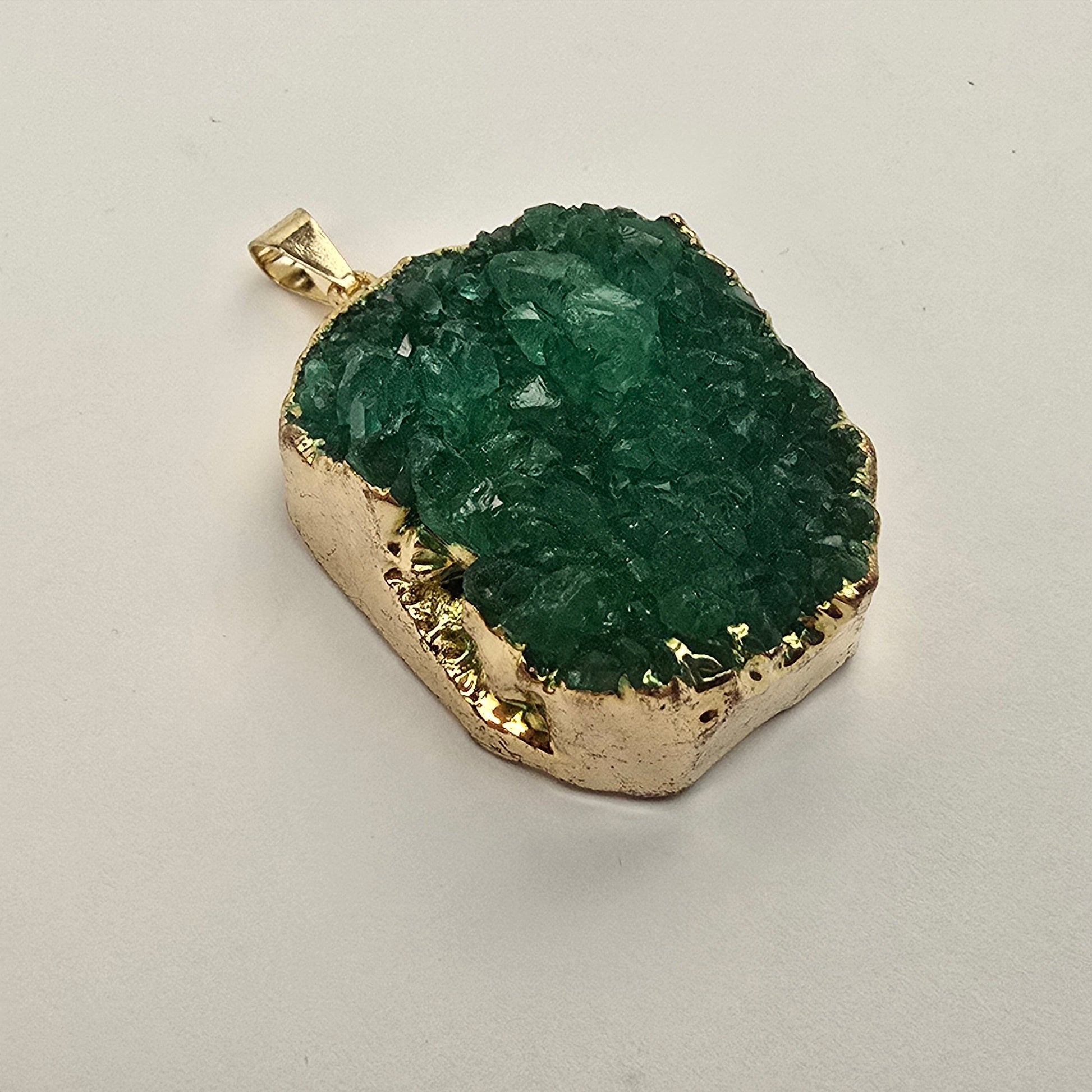 Green Druzy Freeform Pendant with 24k Gold Electroplated Edge and Bail side view