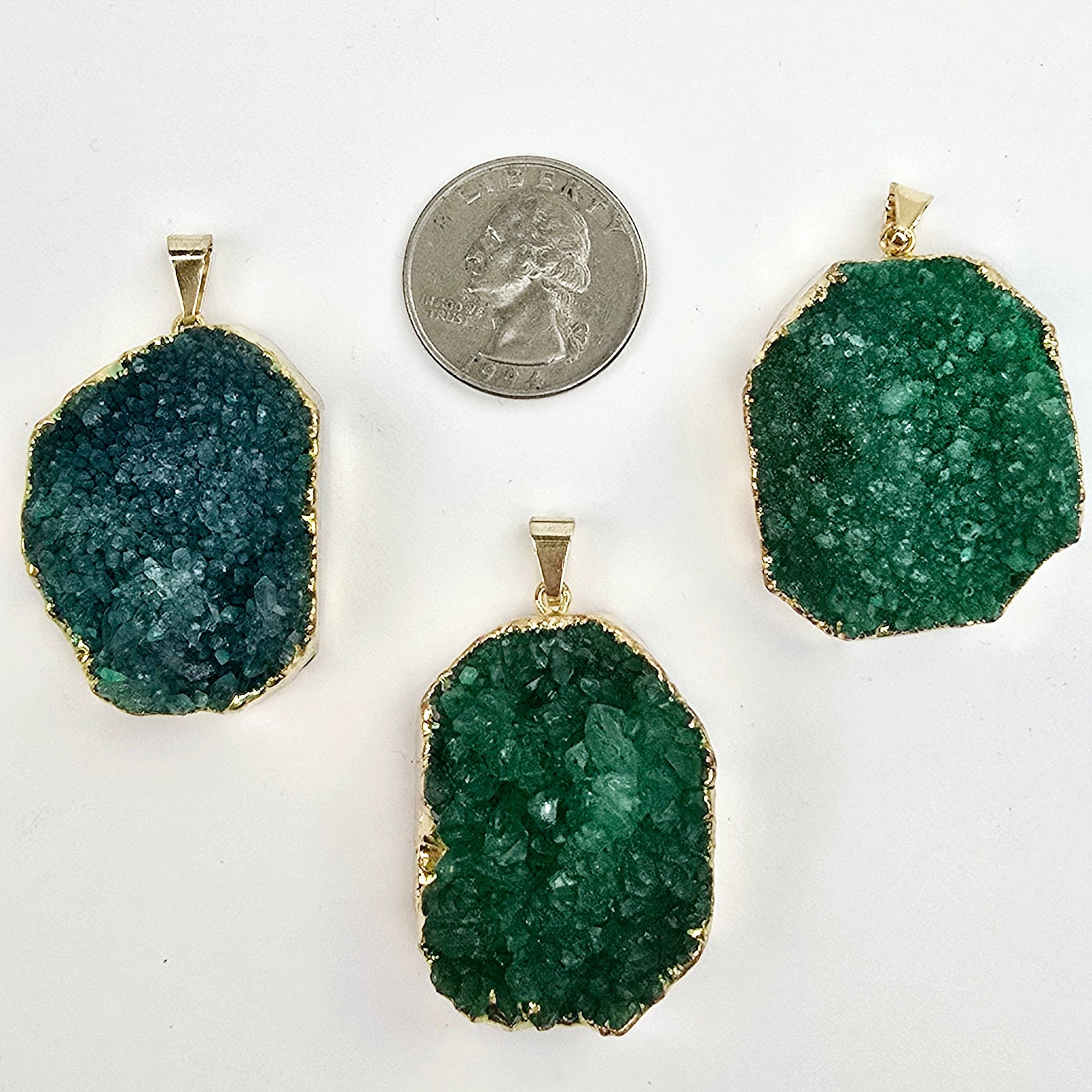 Green Druzy Freeform Pendant with 24k Gold Electroplated Edge and Bail three front view with quarter for size reference