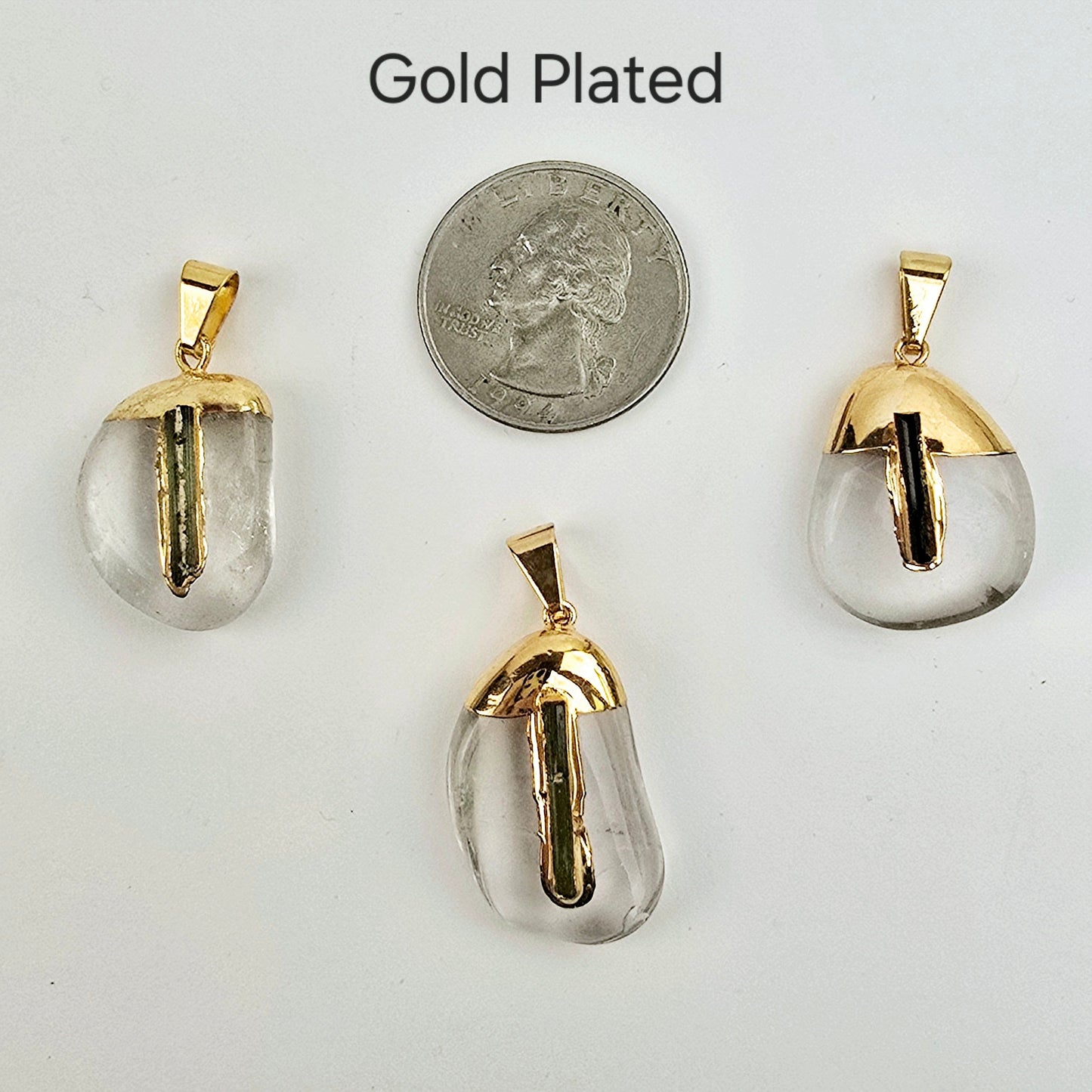 Crystal Quartz Tumbled Pendant with Black Tourmaline Accent and Silver or 24k Gold Electroplated Cap and Bail - You Choose Finish gold plated variant labeled with quarter for size reference