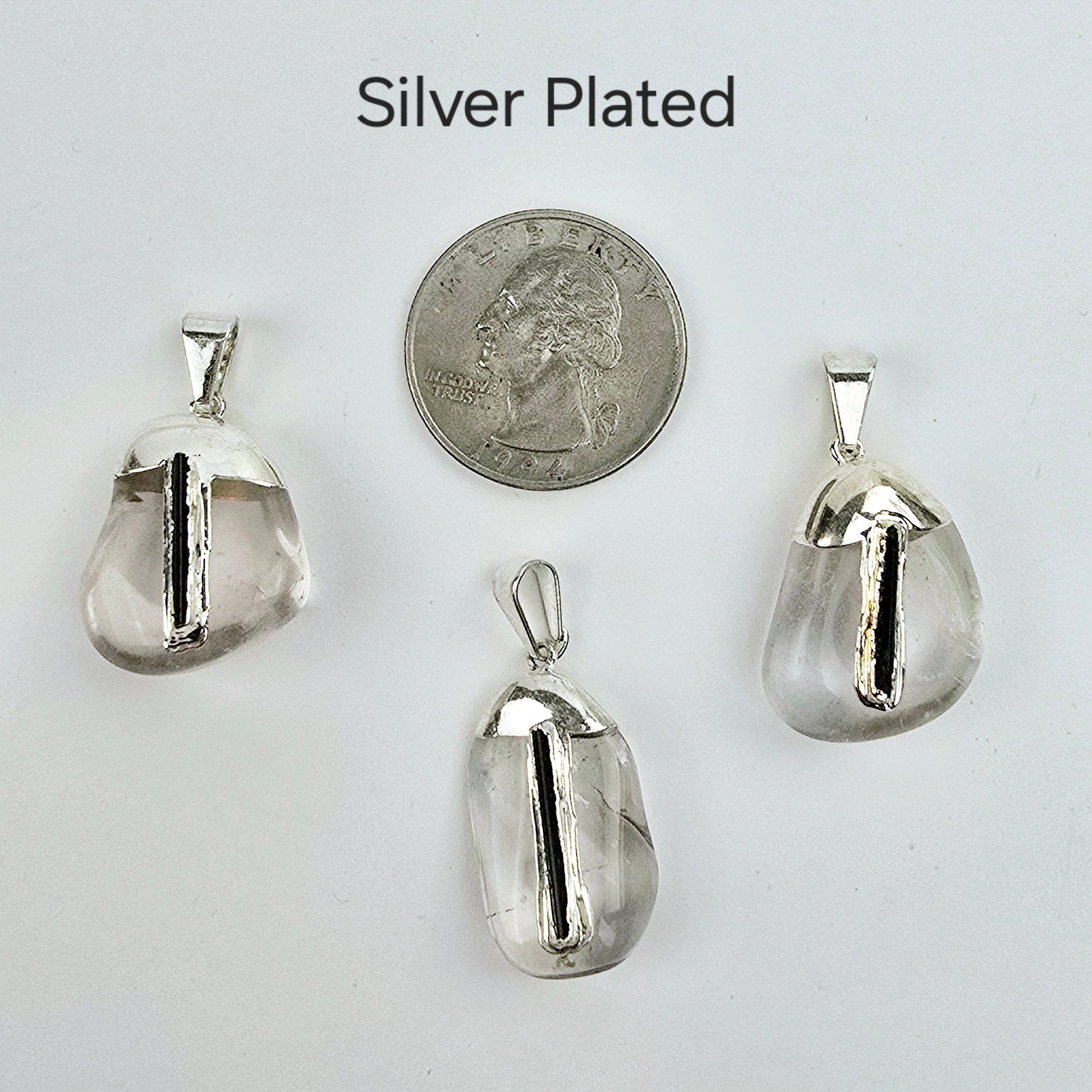 Crystal Quartz Tumbled Pendant with Black Tourmaline Accent and Silver or 24k Gold Electroplated Cap and Bail - You Choose Finish silver plated variant labeled with quarter for size reference