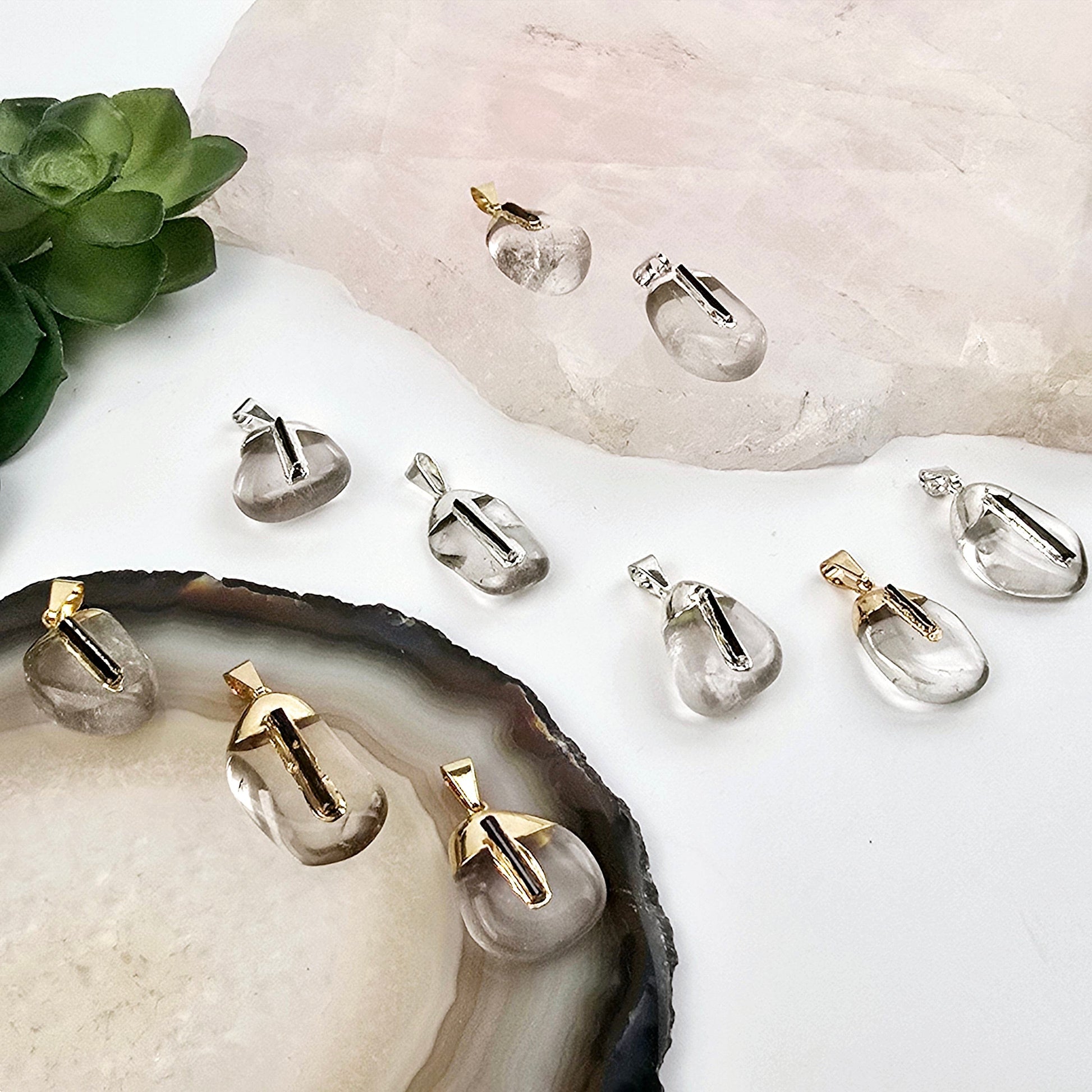 Crystal Quartz Tumbled Pendant with Black Tourmaline Accent and Silver or 24k Gold Electroplated Cap and Bail - You Choose Finish side view