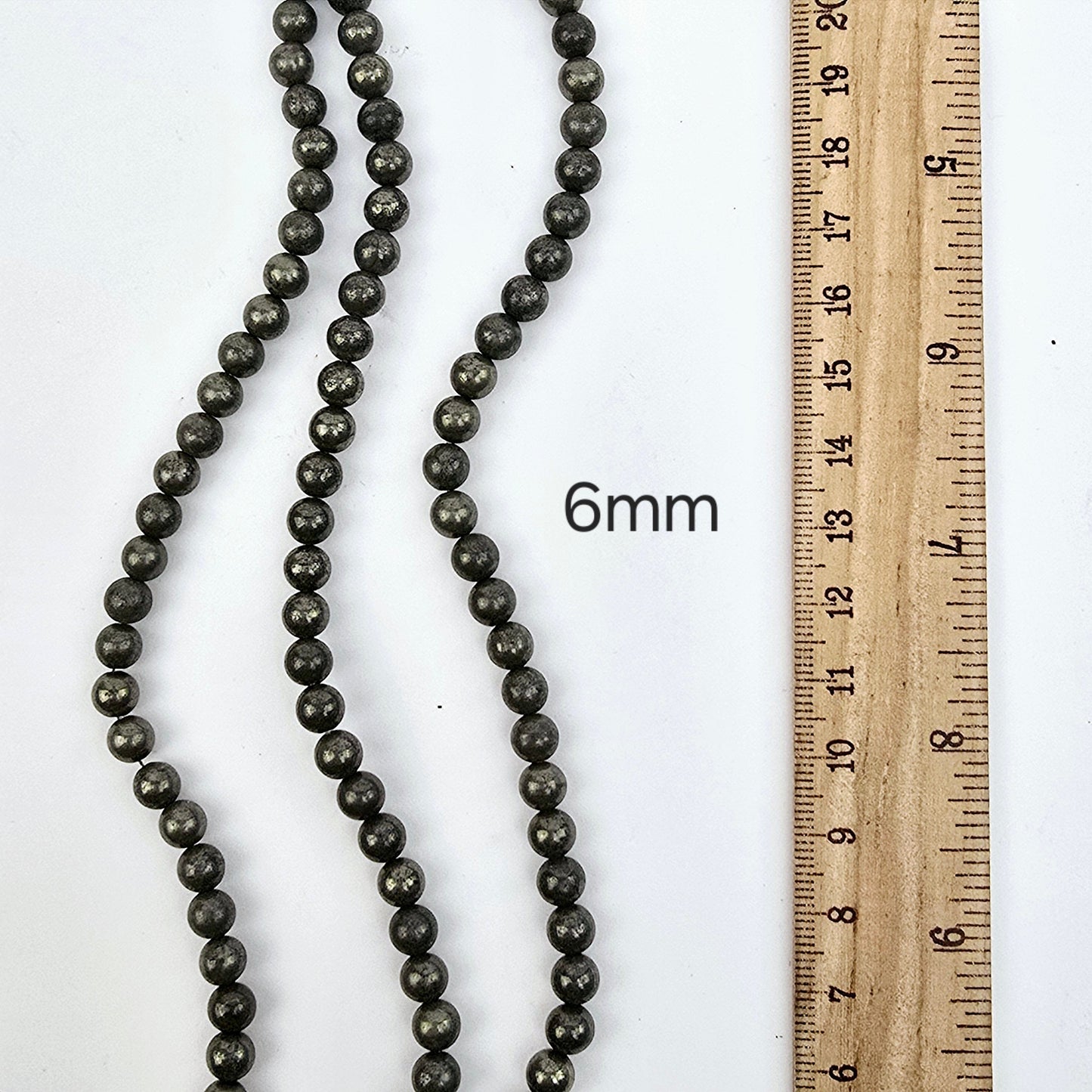 Pyrite Round Drilled Beads - 15.5" Strand - You Choose Size 6mm variant labeled with ruler for size reference