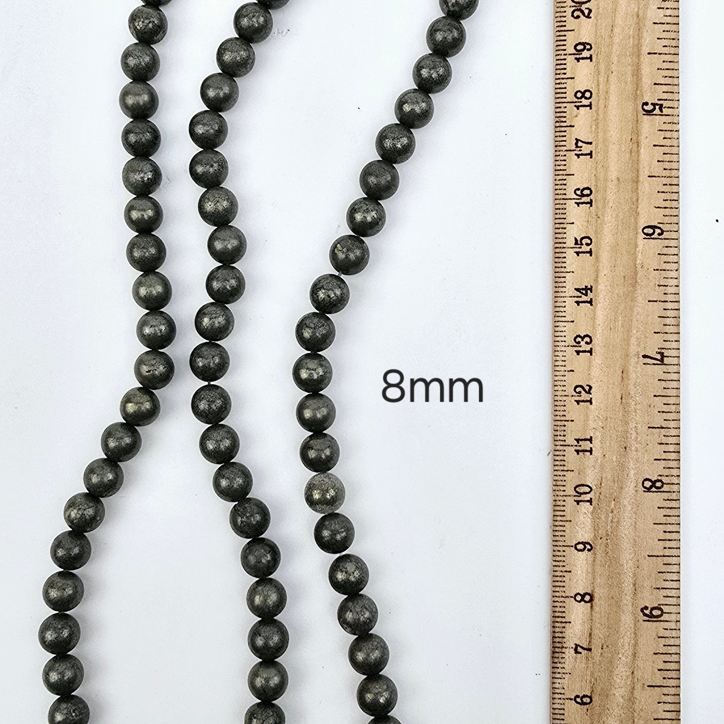 Pyrite Round Drilled Beads - 15.5" Strand - You Choose Size 8mm variant labeled with ruler for size reference