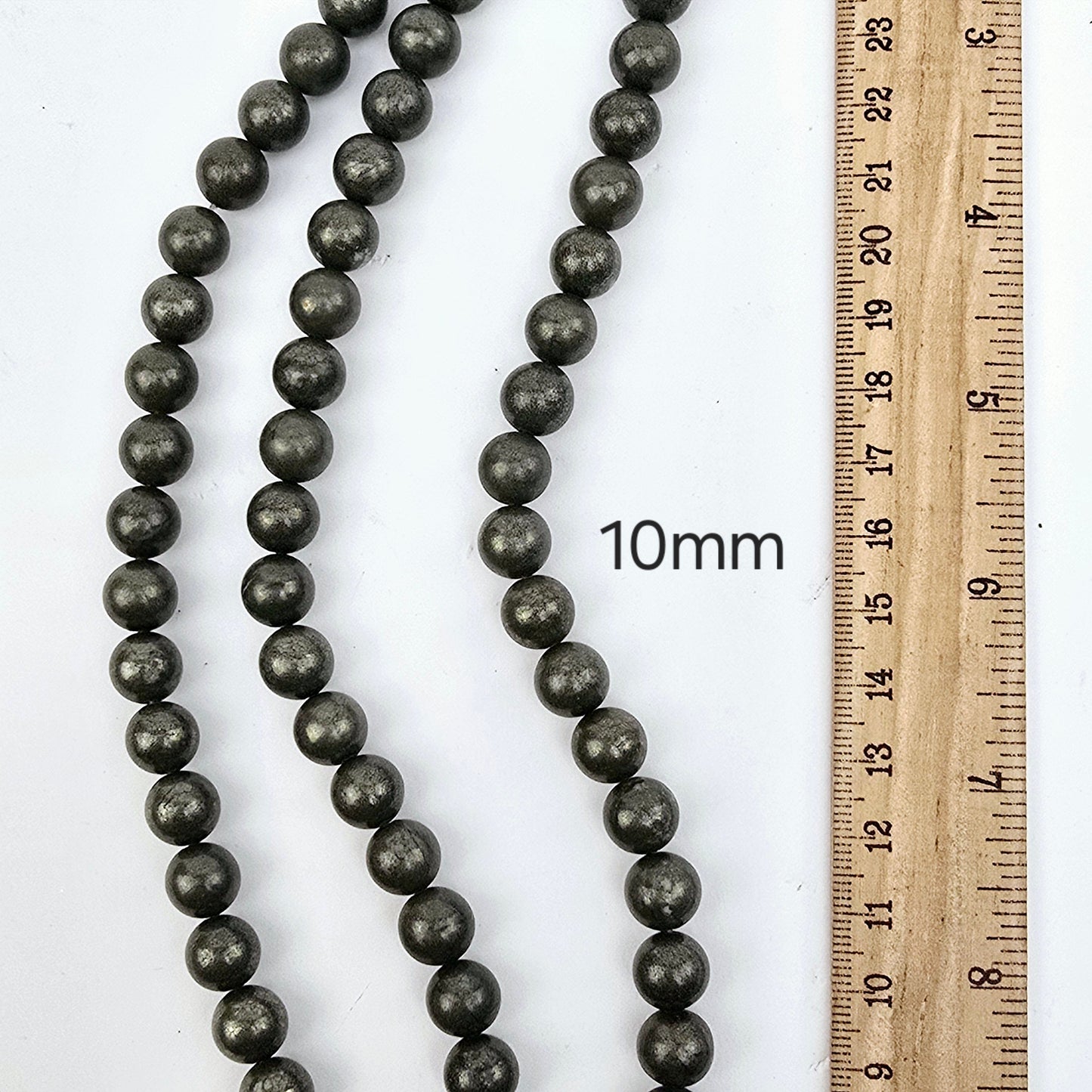 Pyrite Round Drilled Beads - 15.5" Strand - You Choose Size 10mm variant labeled with ruler for size reference