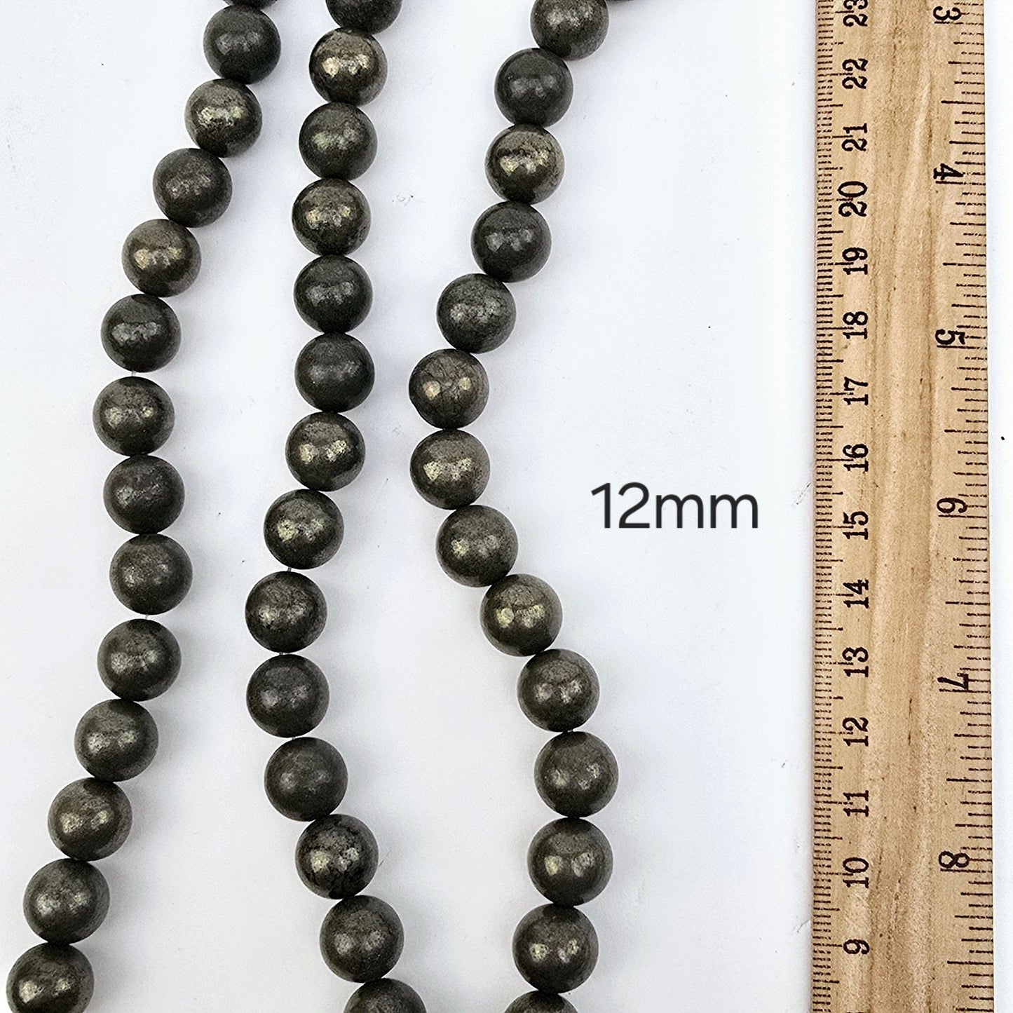 Pyrite Round Drilled Beads - 15.5" Strand - You Choose Size 12mm variant labeled with ruler for size reference