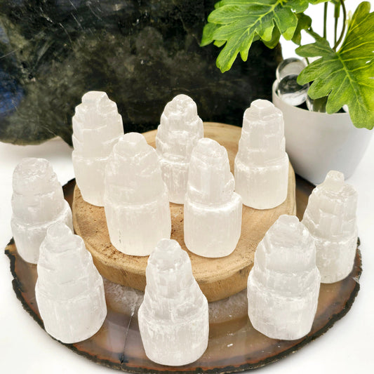 Petite Raw Selenite Crystal Tower - Pack of 10 - Bulk Crystals - ten on agate and wood platter with dark stone platter in the background and a plant