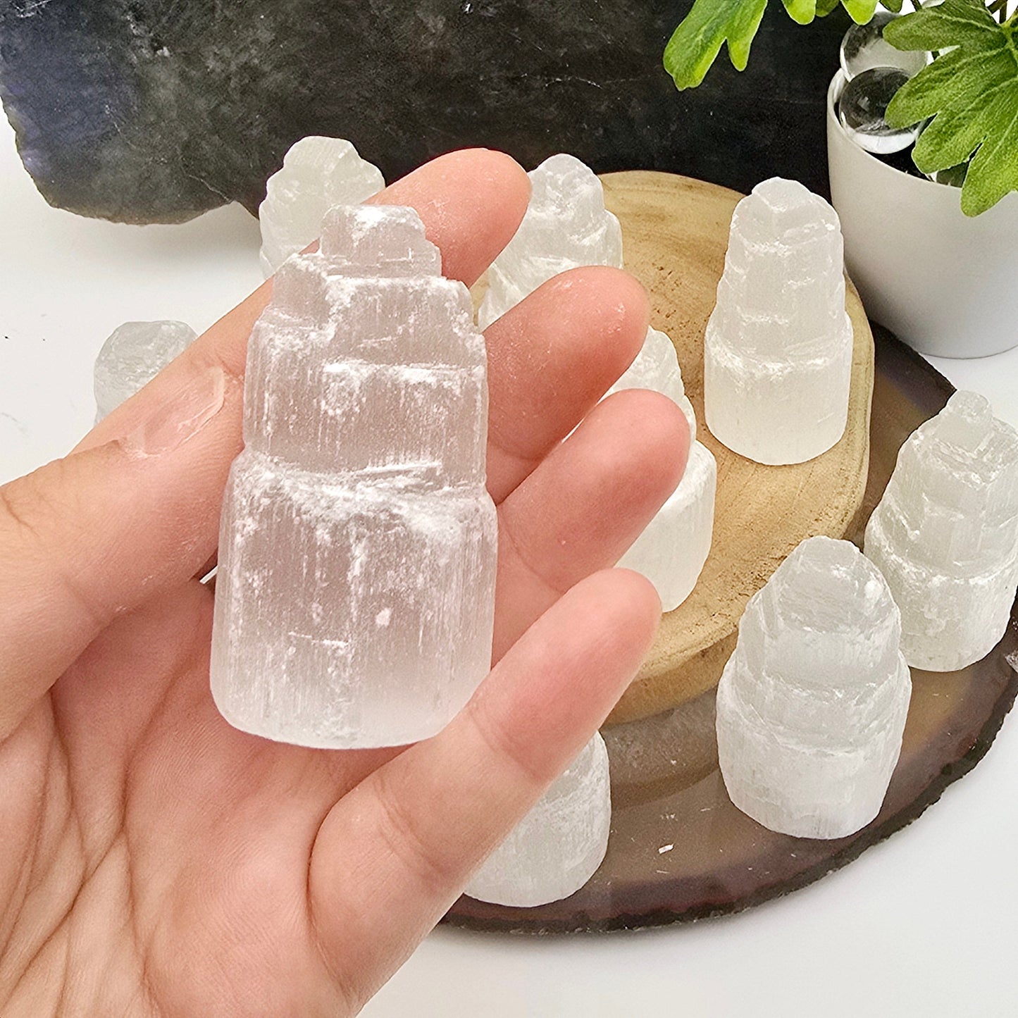 Petite Raw Selenite Crystal Tower - Pack of 10 - Bulk Crystals one in hand for size reference