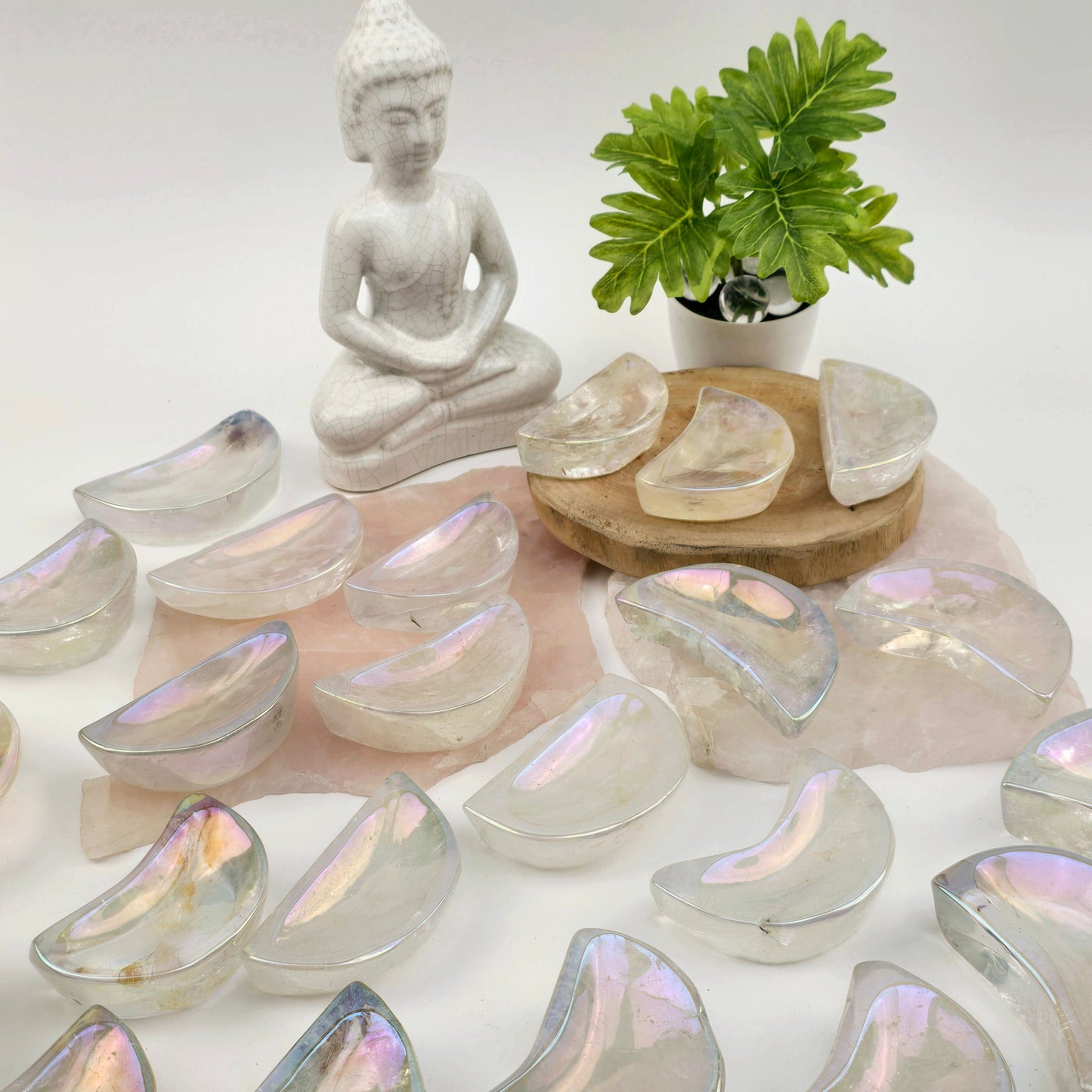 Angel Aura Crystal Quartz Moon Bowls - You Choose #1 all variants with props and plants in the background