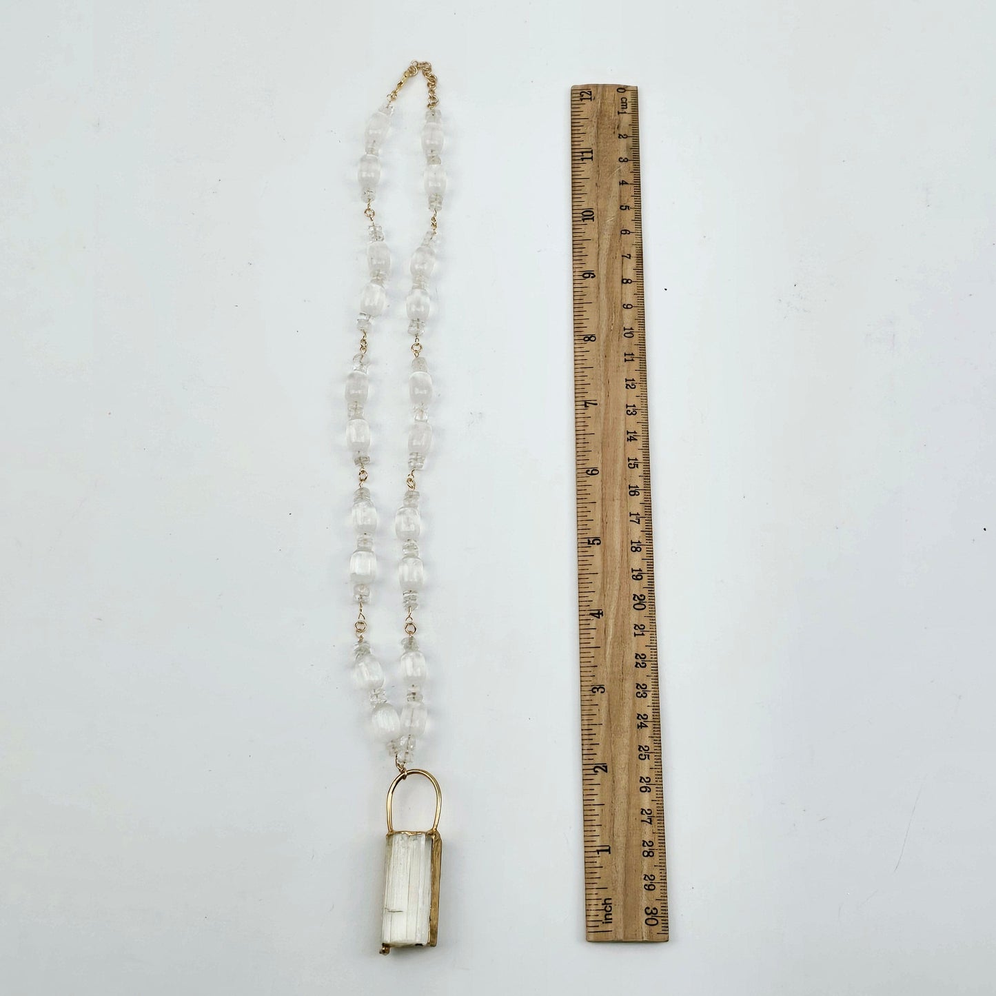 Selenite and Crystal Quartz Gold Filled Crystal Necklace - Handmade - One-of-a-Kind on white surface flat with ruler for size reference