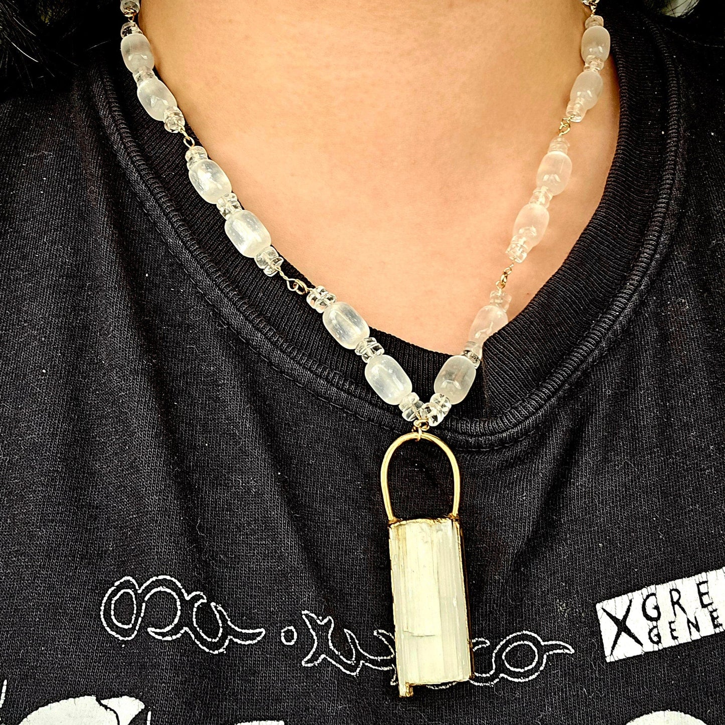 Selenite and Crystal Quartz Gold Filled Crystal Necklace - Handmade - One-of-a-Kind on neck worn as jewelry