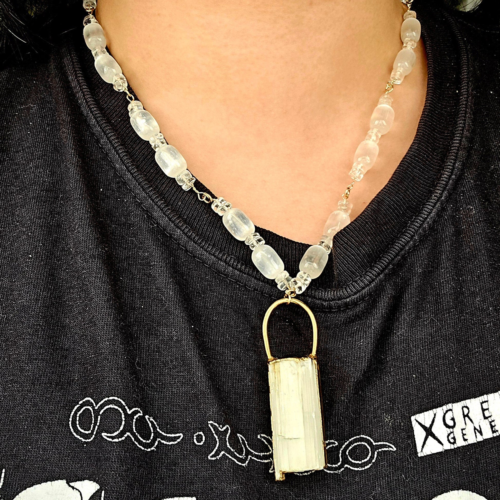 Selenite and Crystal Quartz Gold Filled Crystal Necklace - Handmade - One-of-a-Kind on neck worn as jewelry