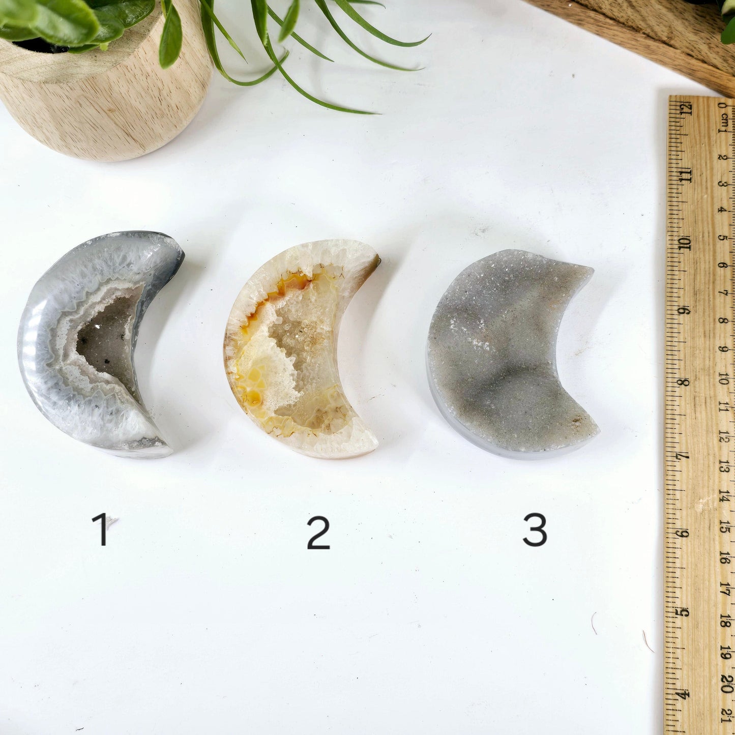 Agate Druzy Crystal Moon - You Choose variants 1, 2, and 3 labeled with ruler for size reference