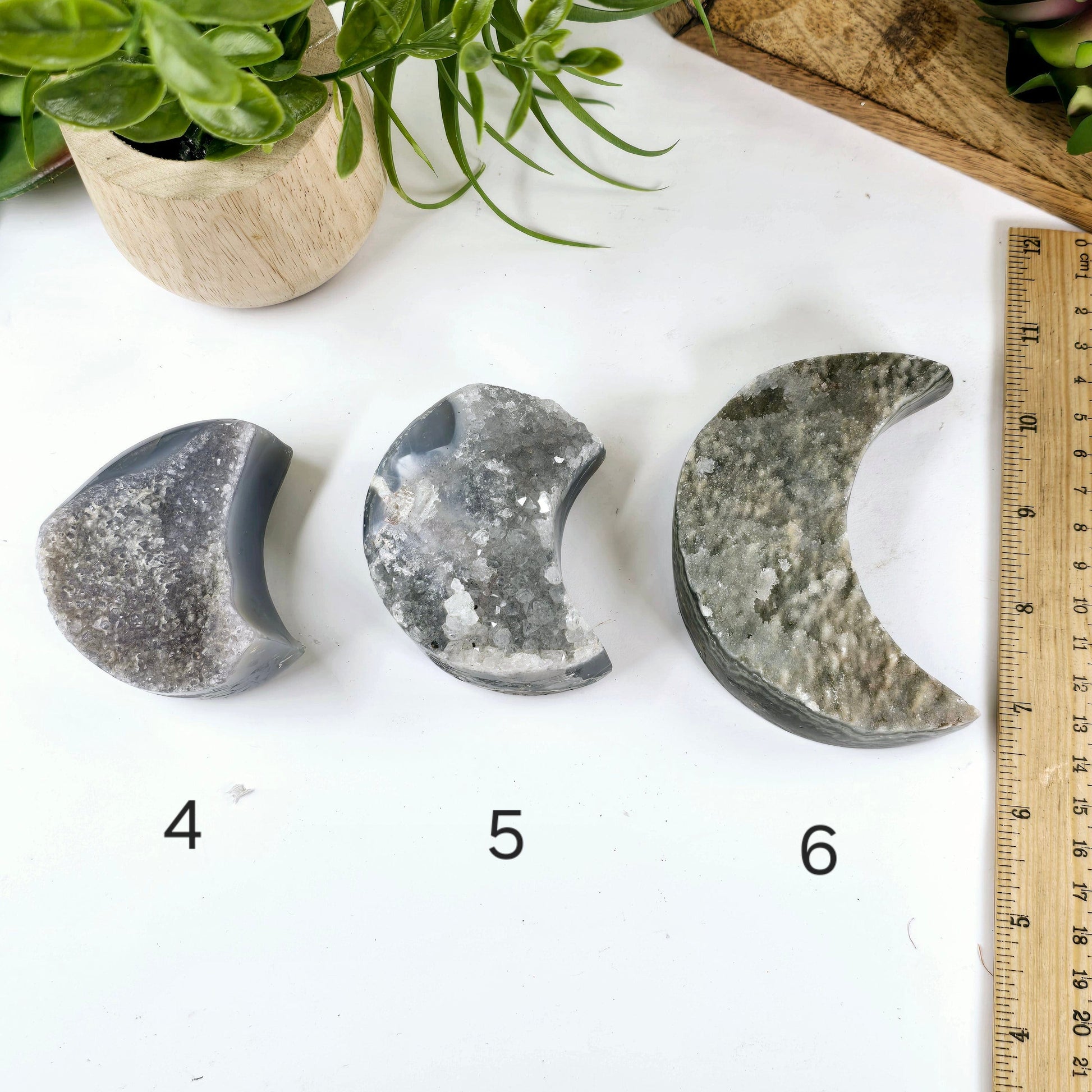 Agate Druzy Crystal Moon - You Choose variants 4, 5, and 6 labeled with ruler for size reference