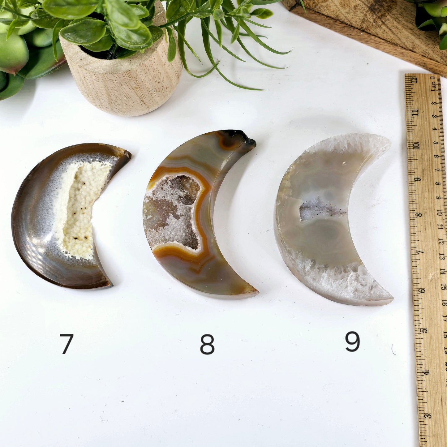 Agate Druzy Crystal Moon - You Choose variants 7, 8, and 9 labeled with ruler for size reference