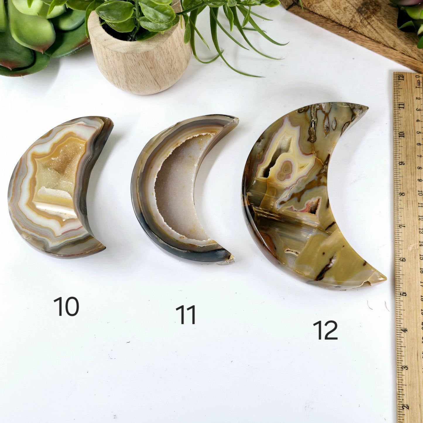 Agate Druzy Crystal Moon - You Choose variants 10, 11, and 12 labeled with ruler for size reference