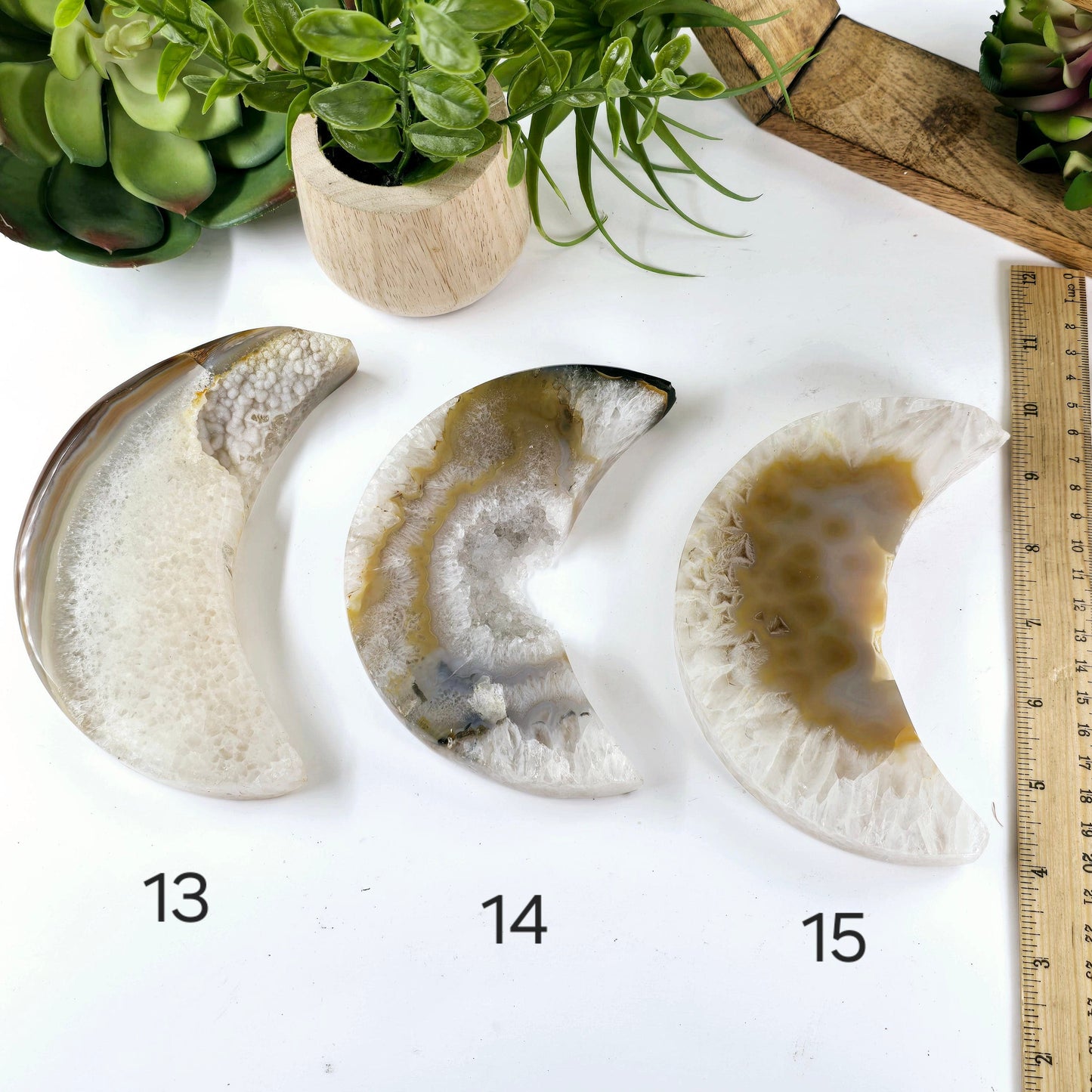 Agate Druzy Crystal Moon - You Choose variants 13, 14, and 15 labeled with ruler for size reference